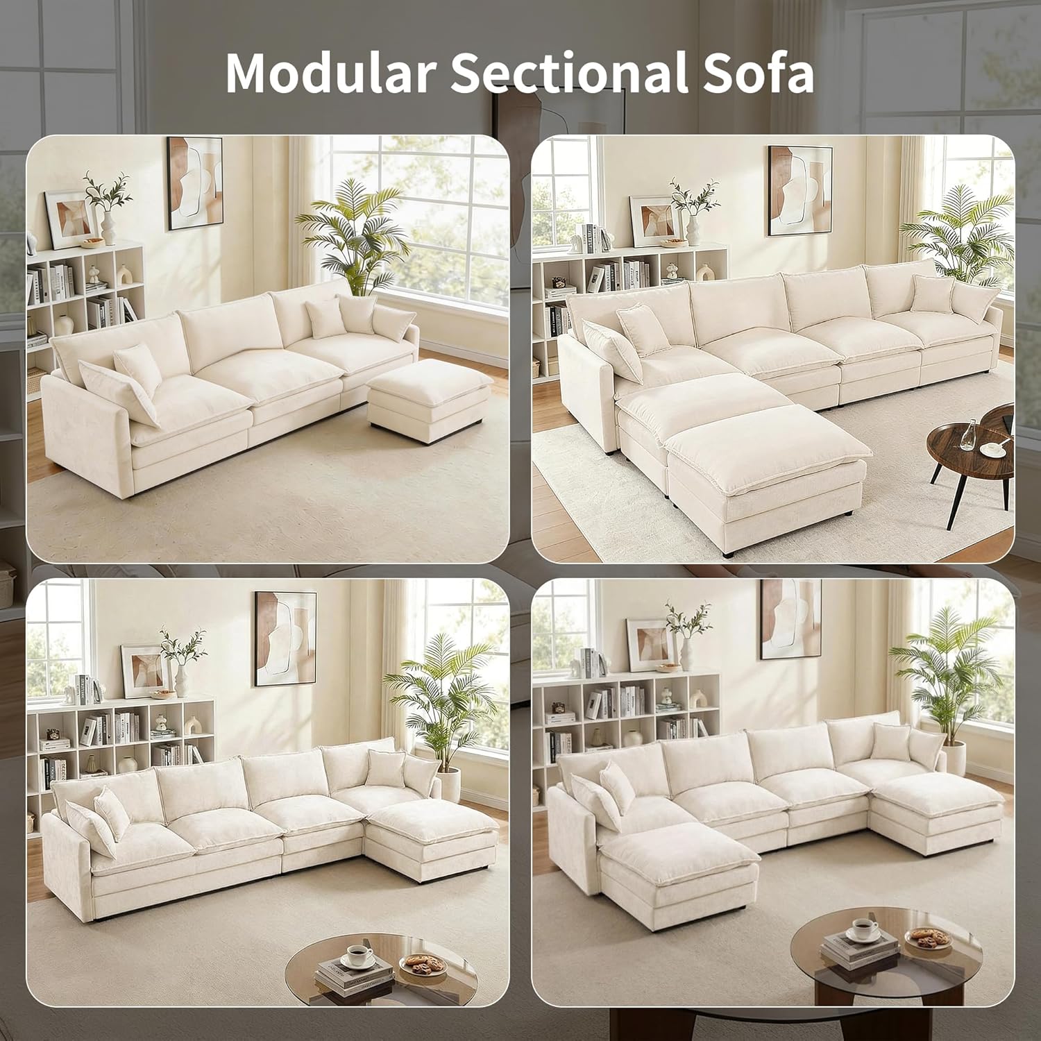 131" Cloud Couch Sectional, U-Shaped Modular Sectional Sofa with Chaise & 4 Removable Washable Pillows, Oversized 4-Seat Couch for Living Room, Modern Deep Seat Cloud Sofa Sectional, Beige