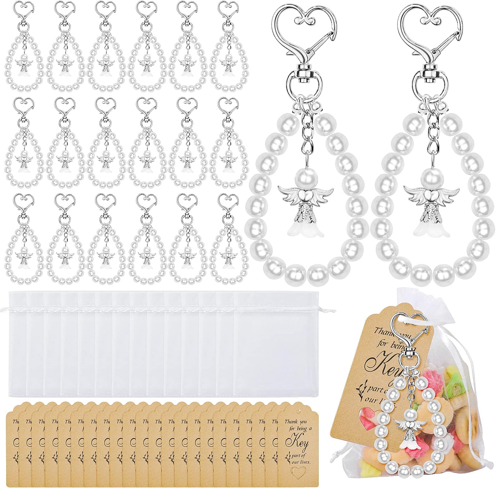 Dreamtop 20 Sets Angel Keychains Favor, Pearl Angel Keychain Gifts Bulk Guardian Angel Pendant Keychain with Thank You Tags Organza Bag for Wedding Baby Shower Baptism Party Favors for Guest