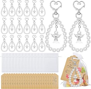 Dreamtop 20 Sets Angel Keychains Favor, Pearl Angel Keychain Gifts Bulk Guardian Angel Pendant Keychain with Thank You Tags Organza Bag for Wedding Baby Shower Baptism Party Favors for Guest
