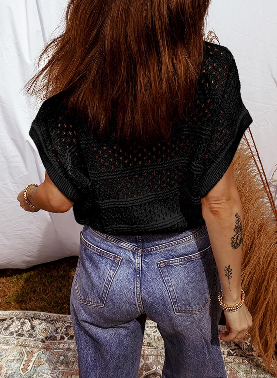 Sidefeel Womens Summer Sweaters Lightweight Casual Short Sleeve Crochet Hollow Out Knit Pullover Tops Clothing - Image 9