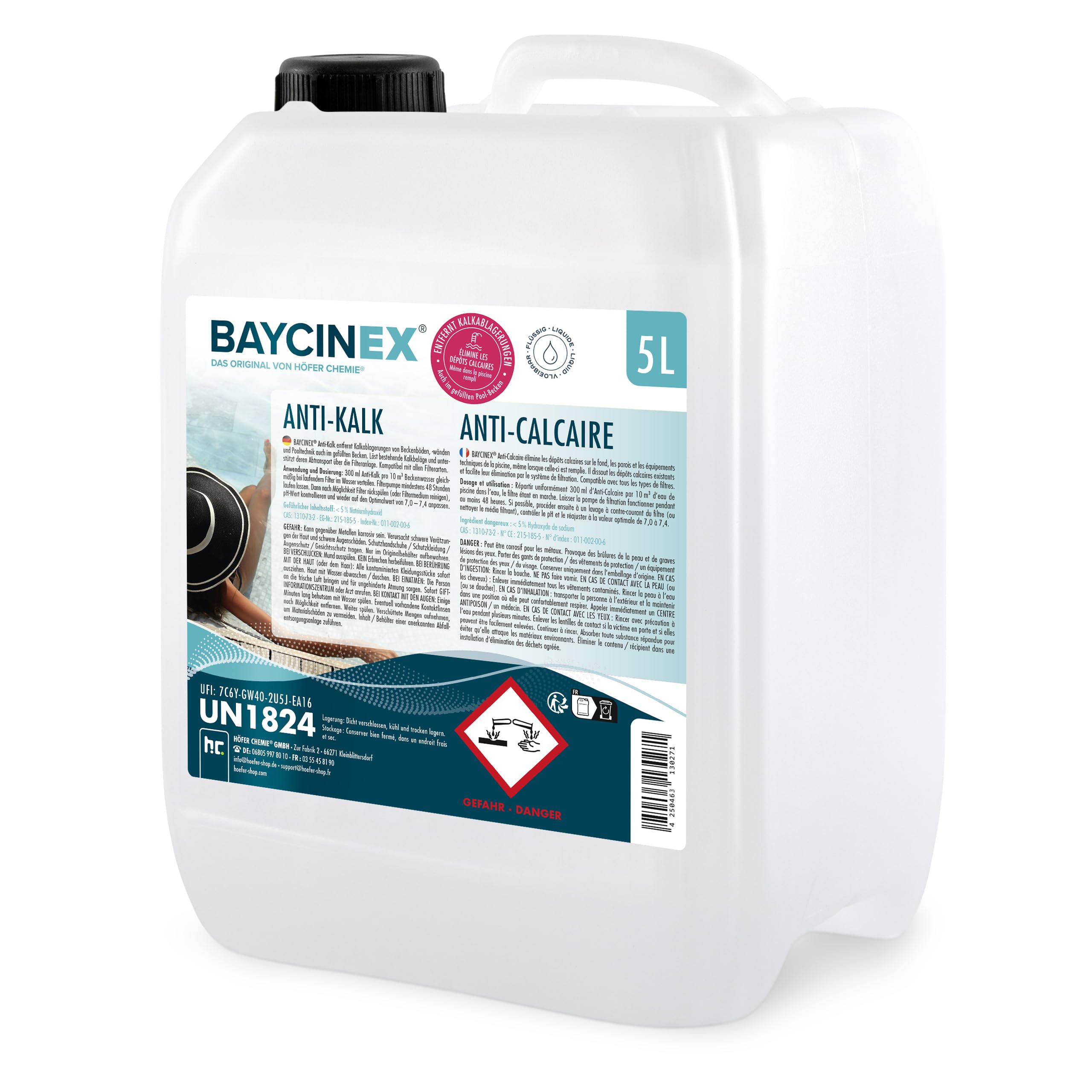 BAYCINEX® Anti-Calcaire Piscine 1 x 5 L – Détartrant Liquide – Élimine Dépôts Calcaires Fond, Parois & Équipements – Utilisable Bassin Rempli – Compatible Tous Filtres – 300 ml/10 m³