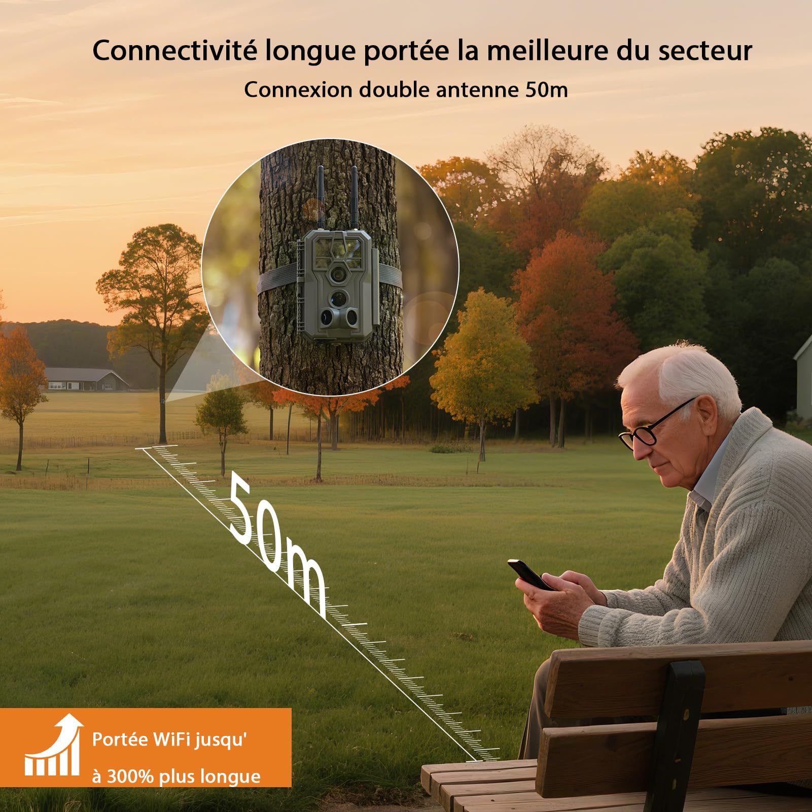 GardePro E8 2.0 Caméra De Chasse Double Antenne WiFi avec Carte SD 64Go, Vidéo 4K H.264 64MP, Jusqu' 30m No Glow Infrarouge Vision Nocturne, Vitesse de Dclenchement 0,1s et Angle de Dtection 120°