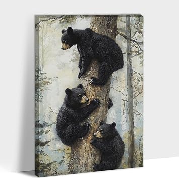 RTWIB Bear Pictures Wall Decor, Funny Animal Bear Wall Art Painting for Bedroom, Cute Animal Pictures Three Forest King Cub, Nature Wildlife Art for Living Room Framed Ready To Hang 24x36