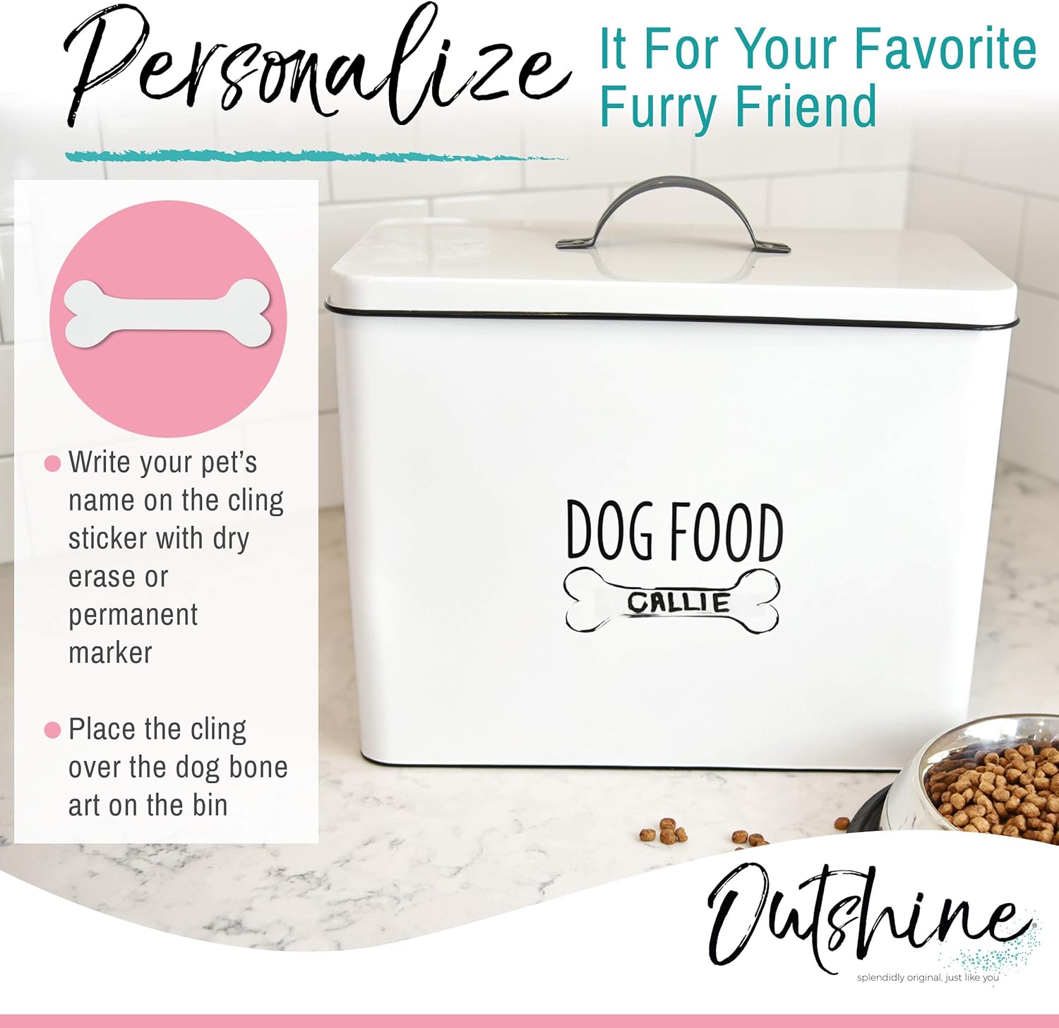 OUTSHINE White Farmhouse Dog Food Bin - Can Be Personalized | Dog Food Storage Container with Lid | Powder Coated Carbon Steel | Cute Pet Food and Treat Canister | Gift for Dogs and Owners : Pet Supplies
