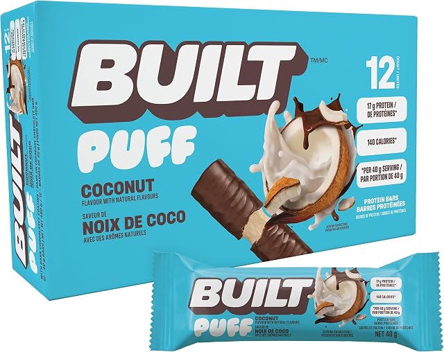 Built Bar, Puff Barres protéinées, noix de coco, collagène, Délicieux, Snack santé, Sans gluten, 12ct boîte