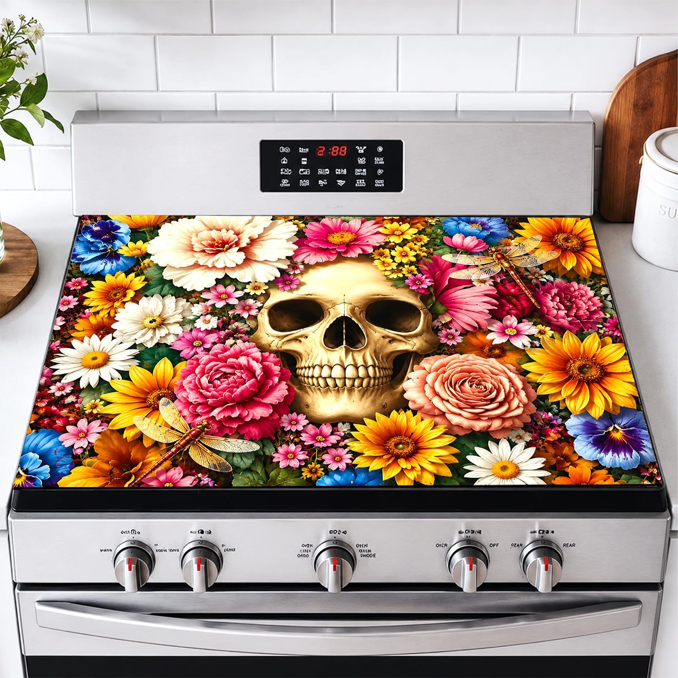 Floral Skull Stove Top Cover 28x20 Inch Halloween Kitchen Decoration