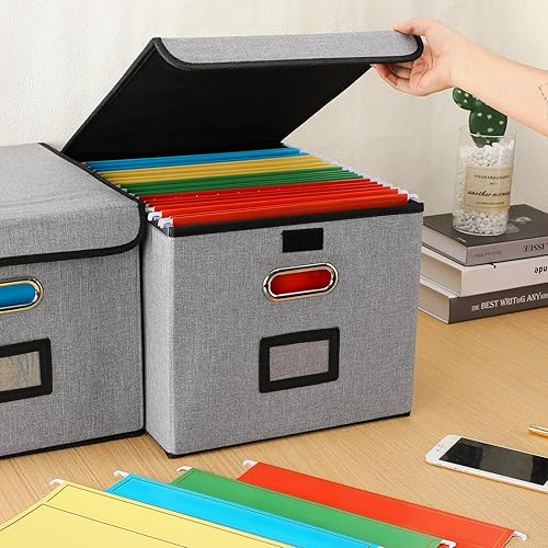 Miniatura 4 de Estune Paquete de 2 cajas de almacenamiento de archivos con 20 carpetas de archivos colgantes, tamaño carta, caja organizadora de archivos portátil