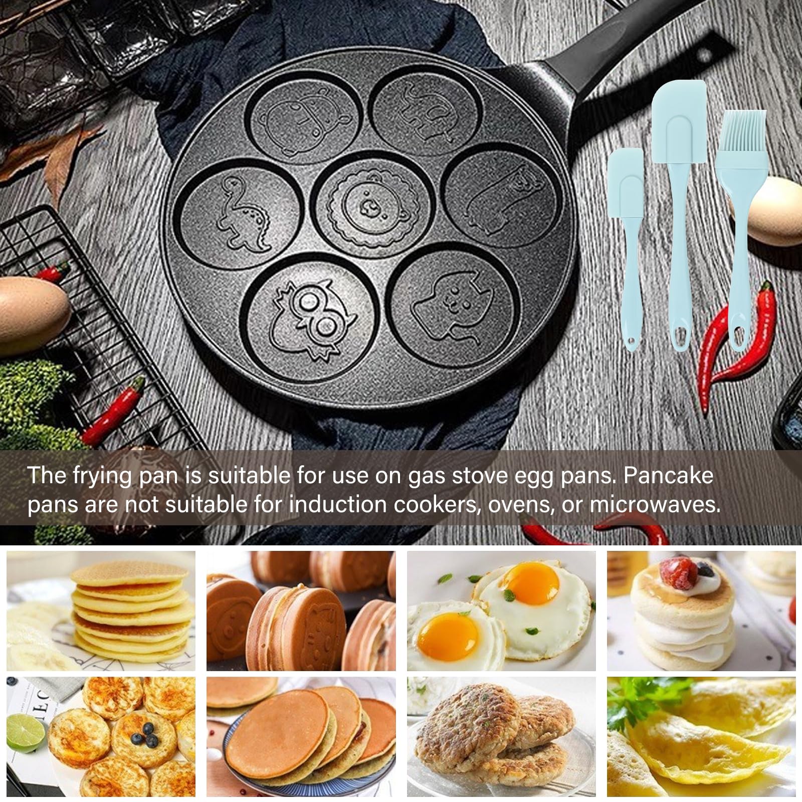 Padella per Pancake, Uova e Frittelle - 7 Fori, Pennello per Olio, Antiaderente, Diametro 26 cm