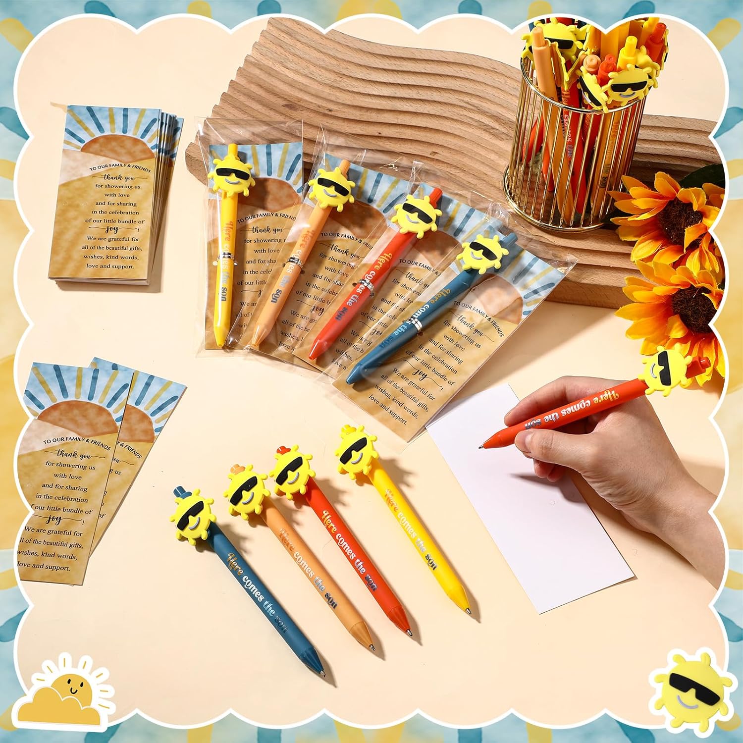Sayglossy 100 Sets Here Comes The Son Theme Baby Shower Favors for Guests Ballpoint Thank You Card Organza Bag Boho Sunshine Baby Shower Gifts for Gender Reveal Party