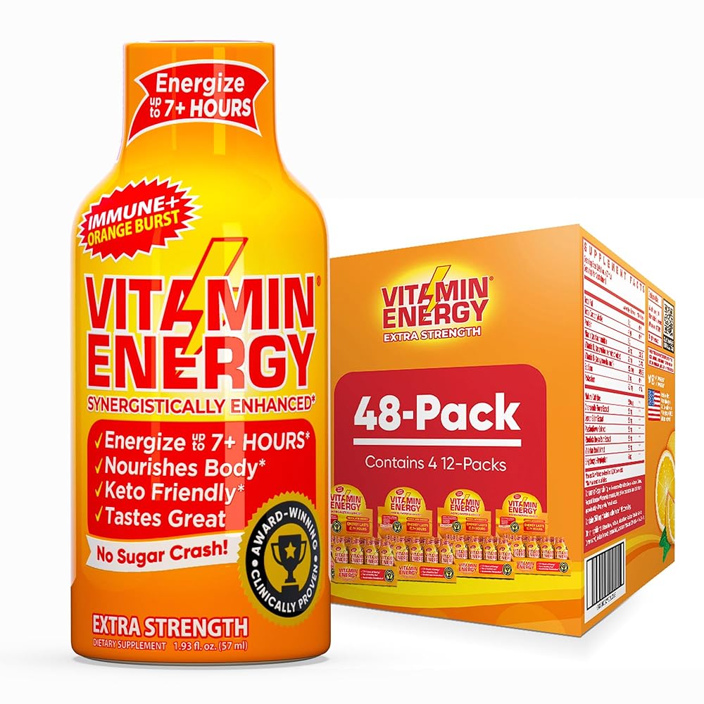 Vitamin Energy Immune+ Extra Strength Energy Shot Orange Burst 48 Pack, 260mg Natural Caffeine, B-Vitamins, Citicoline, Green Tea, Immunity & Focus Support, Zero Sugar, Gluten-Free 1.93 fl oz