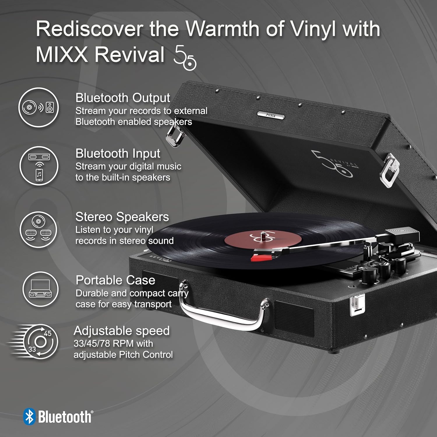 Mixx Revival 55 Portable Suitcase Vinyl Record Player with Built-in Stereo Speakers, Bluetooth Input & Output, 33 1/3 & 45 RPM Speeds with Adapter, Retro Style, AC Adapter