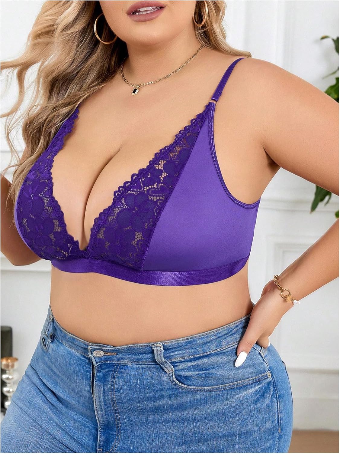 MakeMeChic Women's Plus Size Lace Bralette Wireless Bra Deep V Neck Full Coverage Sheer Bralettes - Image 5