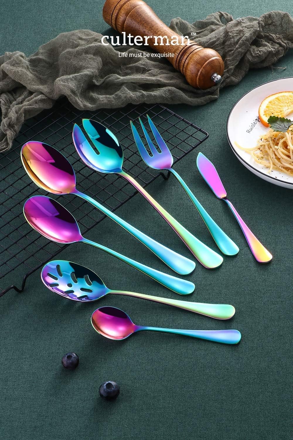 Color rainbow Serving utensils set. Stainless Steel Large Hostess Flatware Sets 7-Piece Includes Silverware Large Salad Spoons,Forks,knife.Dishwasher Safe