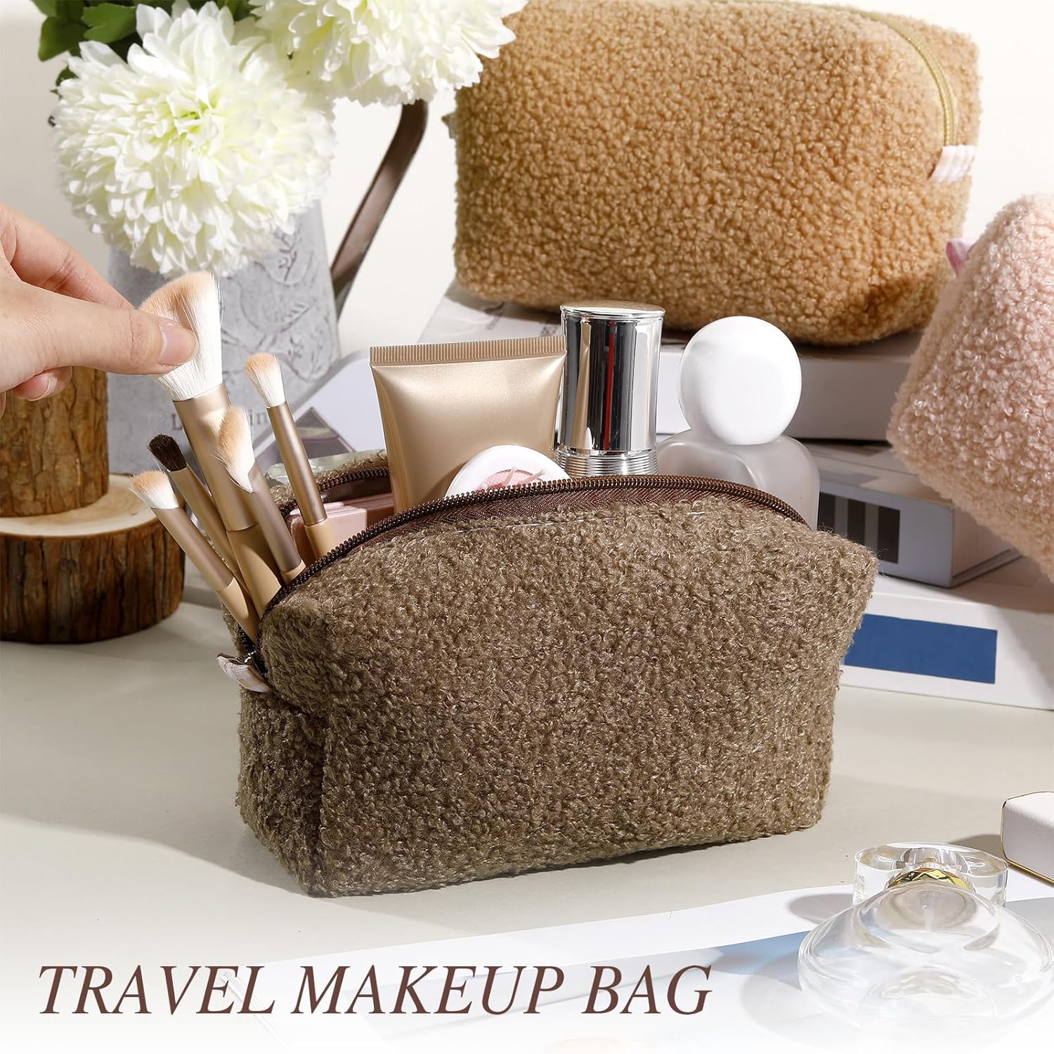 Paterr 10 Pcs Valentine Plush Makeup Bag Bulk Gift for Women Coworkers Preppy Fleece Makeup Pouch Cosmetic Bag Fuzzy Zipper Travel Toiletry Pouch for Wedding Bachelorette(Classic Color)