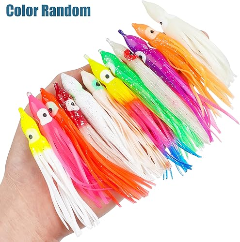 Miniatura 6 de Señuelo de faldas de calamar de pulpo, 45 piezas de señuelo multicolor de plástico suave, señuelo de pesca para trucha de salmón y lubina