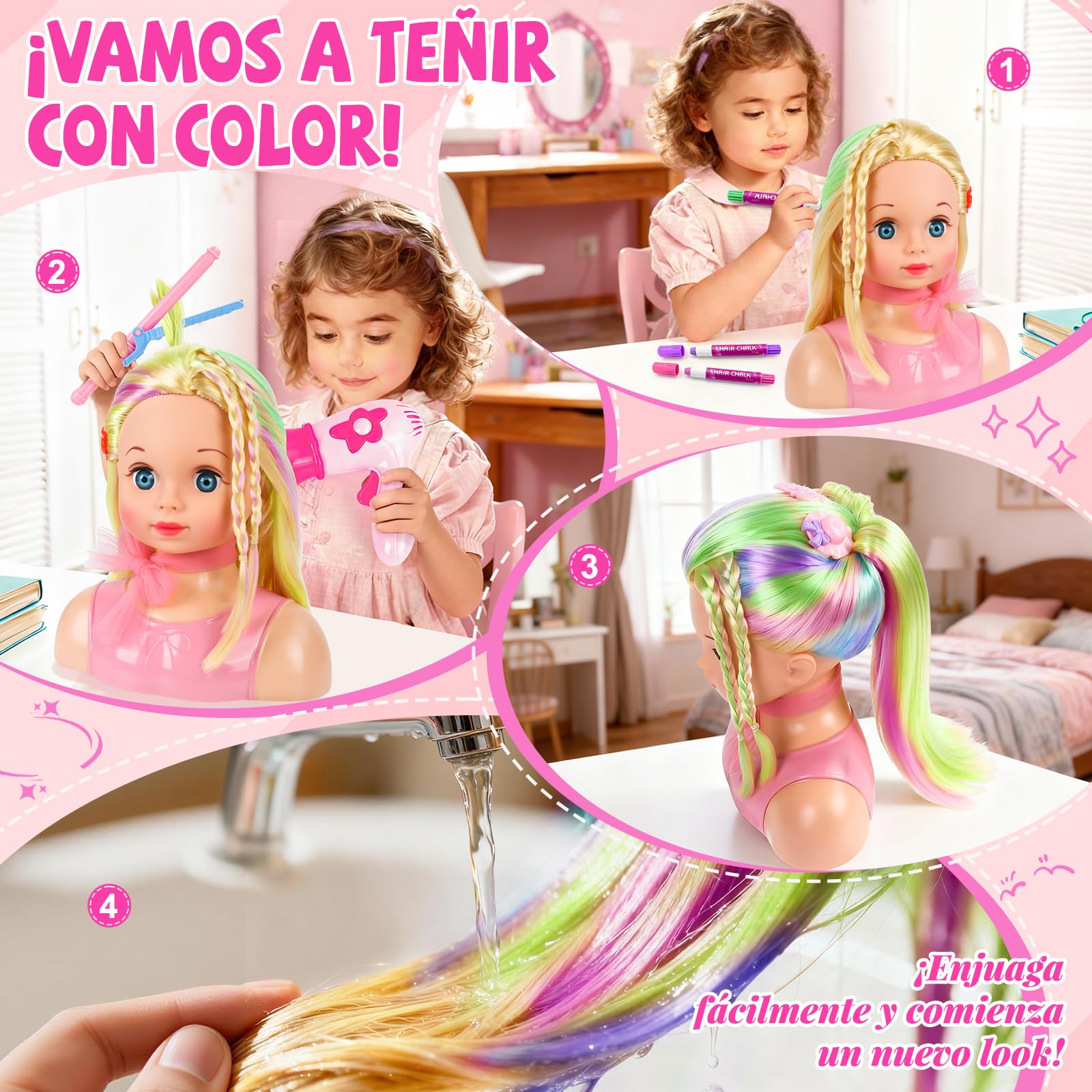 Muñeca para Peinar, Juguet de Cabeza de Peluquería para Niños, Busto Muñeca Peinar y Maquillar con Horquillas Accesorios para Niños a Partir de 4 5 6 7 Años