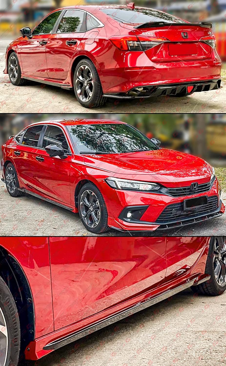 MC Style JDM FE180 Painted Two Tone Rallye Red Gloss Black Side Skirt Extension Compatible for 2022 2023 Honda Civic EX LX Si Touring Sport Hatchback Sedan All Models