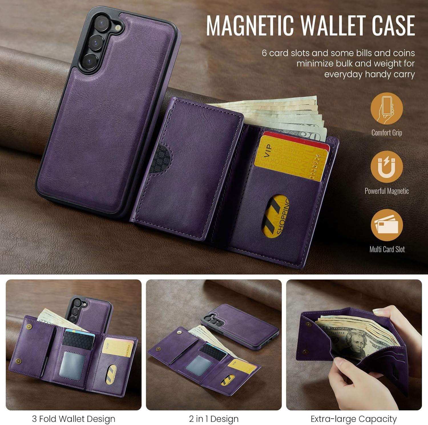 Asuwish Phone Case for Samsung Galaxy S23 5G Wallet Magnetic Detachable Cell Cover with Wireless Charging and RFID Blocking Credit Card Holder Stand S 23 23S GS23 G5 SM-S911U 6.1 inch Women Men Purple