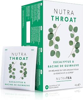 NUTRATHROAT - Thé pour la gorge | Tisane Confort de la Gorge - Pour le mal de gorge et la toux - Comprend la racine de guimauve et de l’orme glissant - 20 sachets de thé - Nutra Tea - Tisane