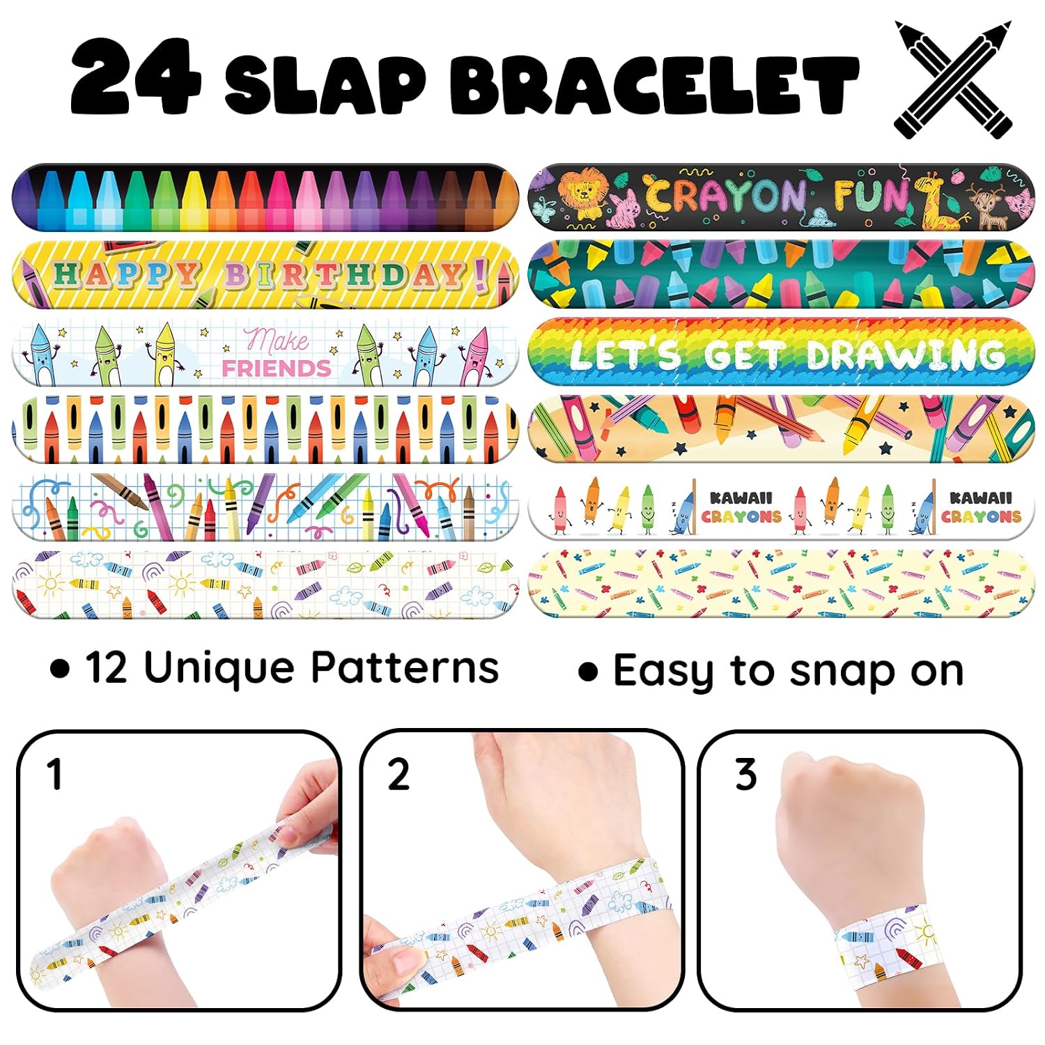 96 PCS Crayon Party Favors Set – 72 Pre-Cut Temporary Tattoos & 24 Slap Bracelets for Kids, Perfect for Art Birthday Parties, Classroom Rewards & Creative School Events