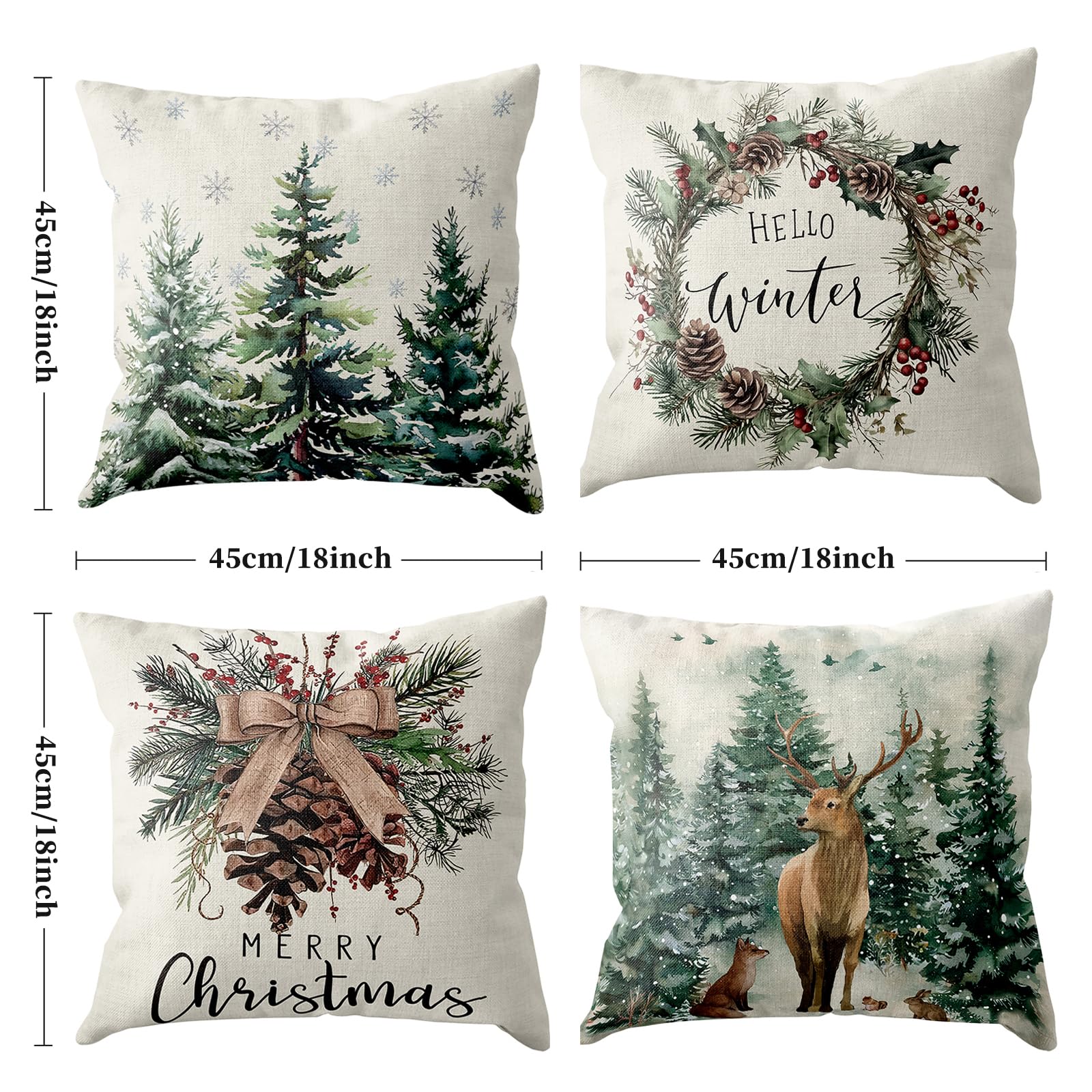 Lot De 4 Housses De Coussin Noël 45x45cm - Lin Imprimé Motifs Hiver, Fermeture Invisible, Décoration Salon Chambre