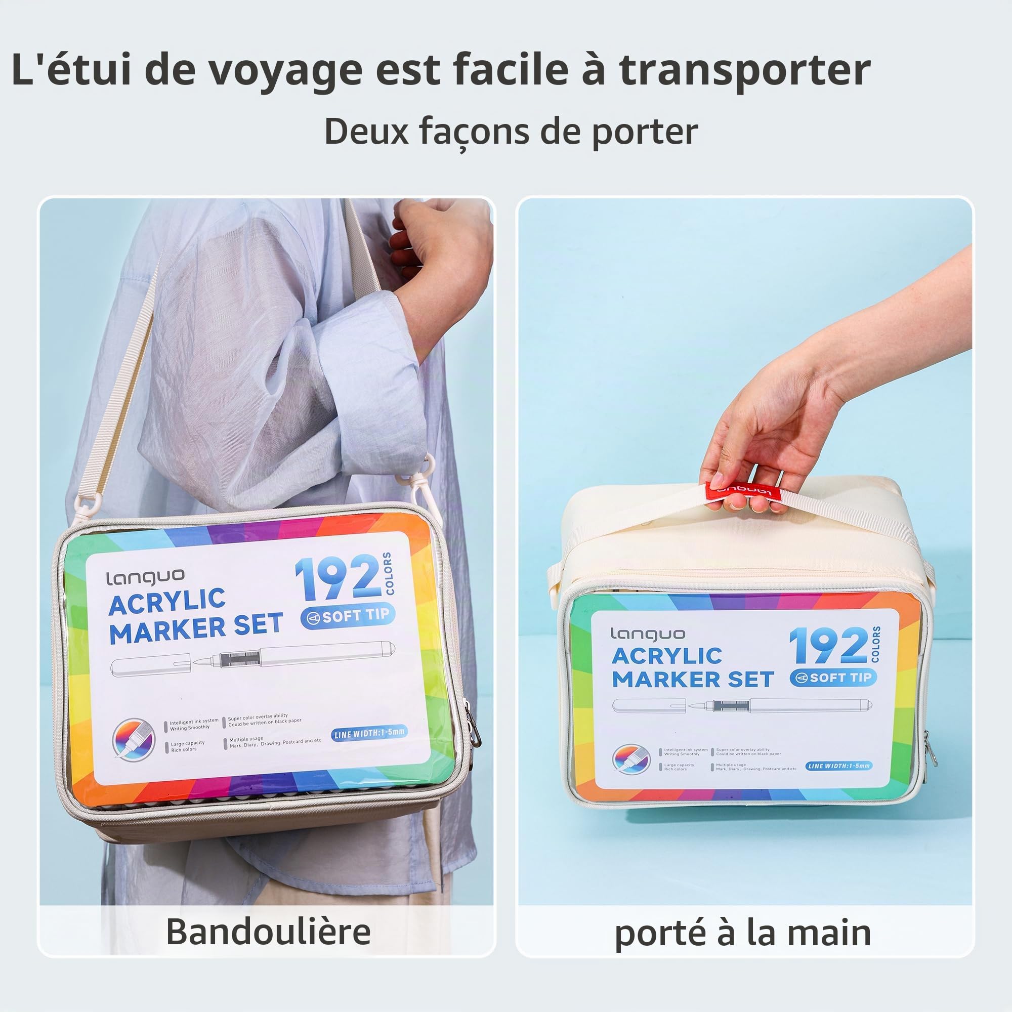 languo Lot de 192 marqueurs de peinture acrylique à pointe pinceau souple avec sac de marqueur, stylos de peinture acrylique pour tissu, bois, pierre, toile, verre, œuf, peinture sur roche, loisirs