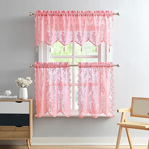 Miniatura 12 de Warm Home Designs El juego de cortinas y cenefas de cocina de encaje de 3 piezas incluye 2 niveles de café de 30 x 24 pulgadas y cenefa de encaje