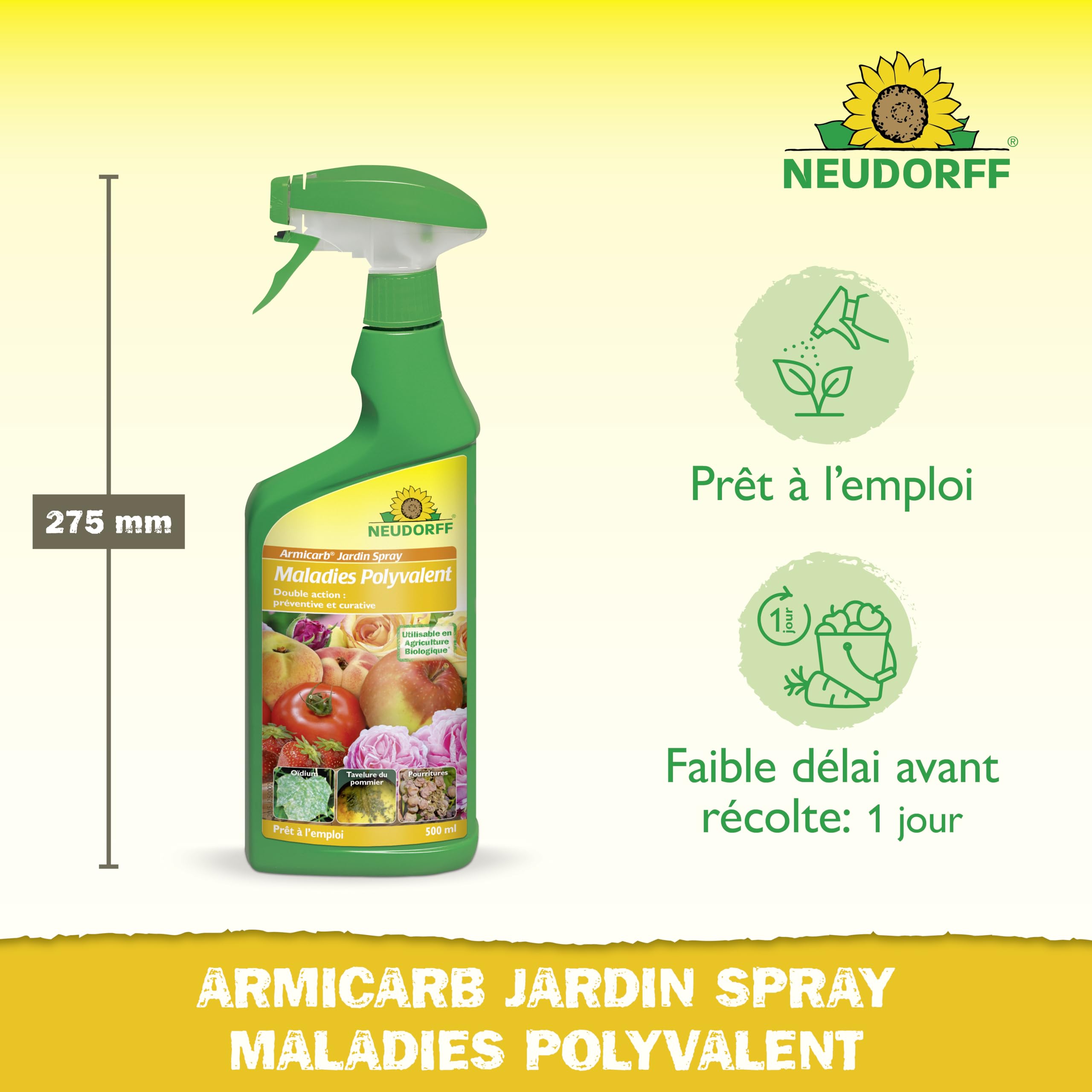 Neudorff Armicarb Jardin Spray Maladies Polyvalent – Combat les maladies fongiques comme l'oïdium sur les fruits et légumes. Prêt à l'emploi, 500 ml