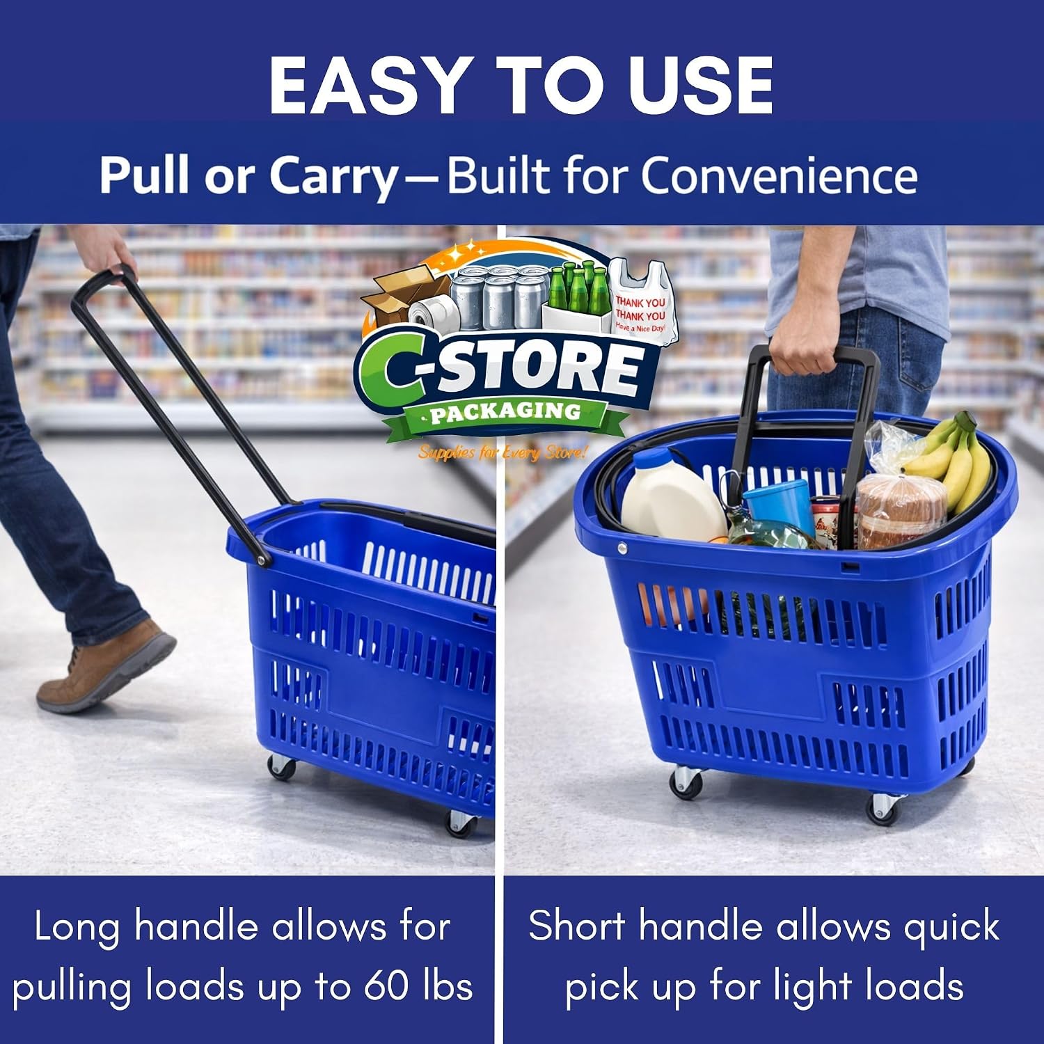Rolling Shopping Basket with Wheels, 9.2 Gallon, Blue, Extendable Pull Handle, 60 LB Capacity (1)