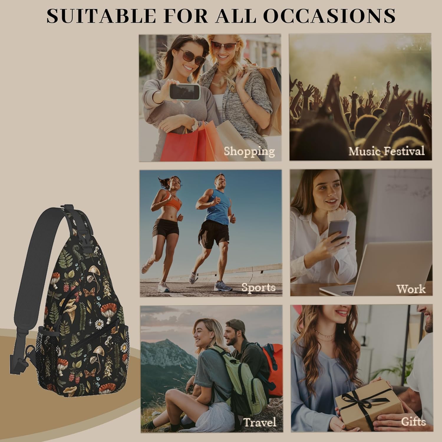 Crossbody Sling Bag for Women Men, Sling Backpack Chest Daypack Cross Body Bag Shoulder Bag for Hiking Running Sports Travel (Mushroom) - Image 7