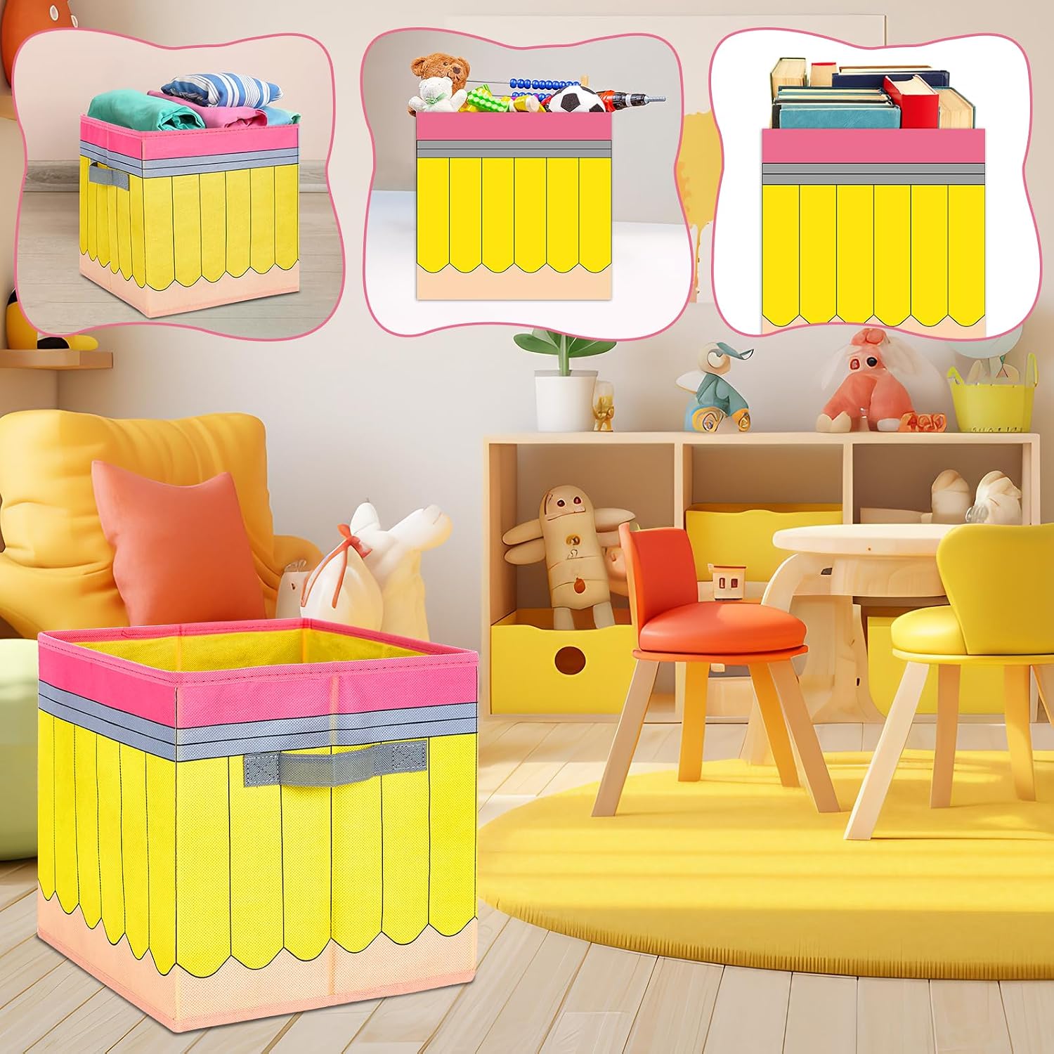 6 Pcs 11 Inch Colorful Fabric Storage Bins Pencil Foldable Fabric Cubby Baskets with Handles for Back to School Classroom Organization Collapsible Bin Organizer for School Nursery Office Home Supplies