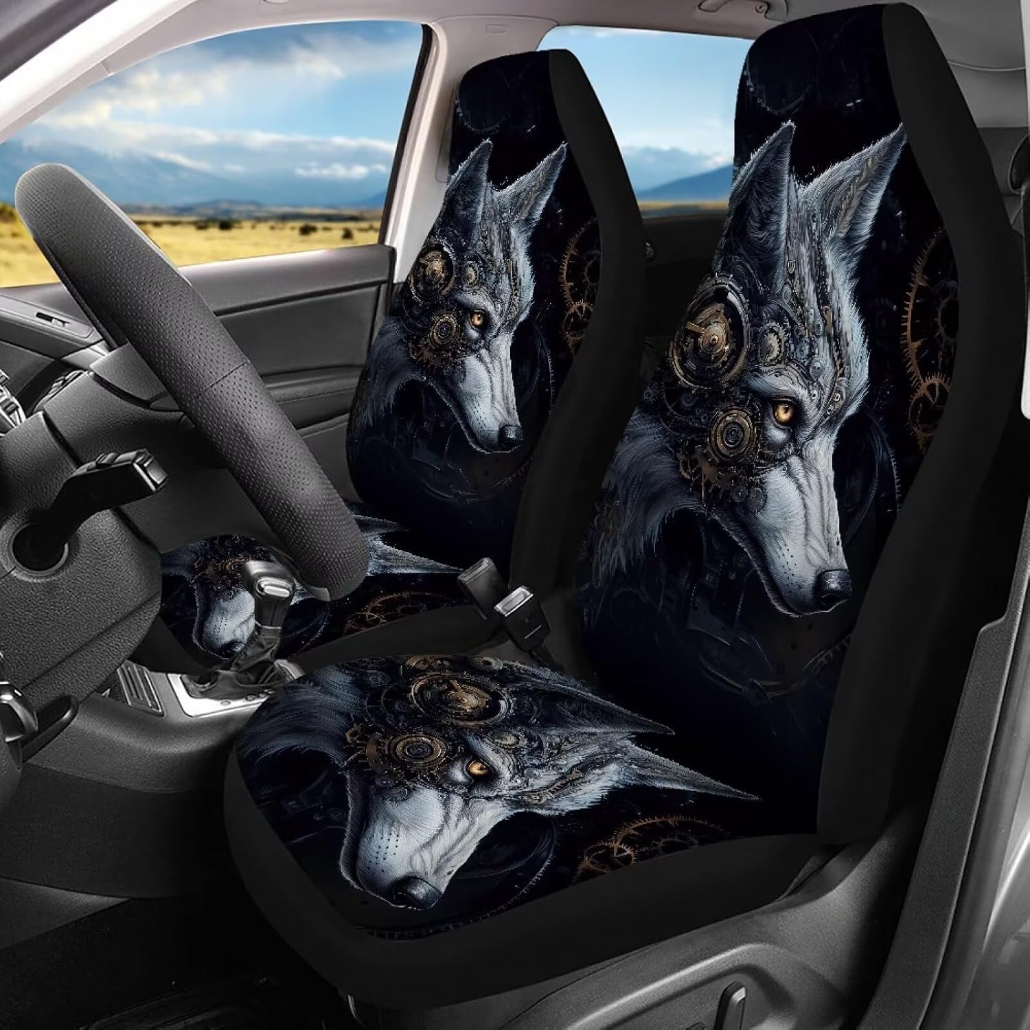 Amzbeauty Gears Wolf Print Car Seat Covers Full Set Front and Rear Breathable Easy to Clean All Season Protection