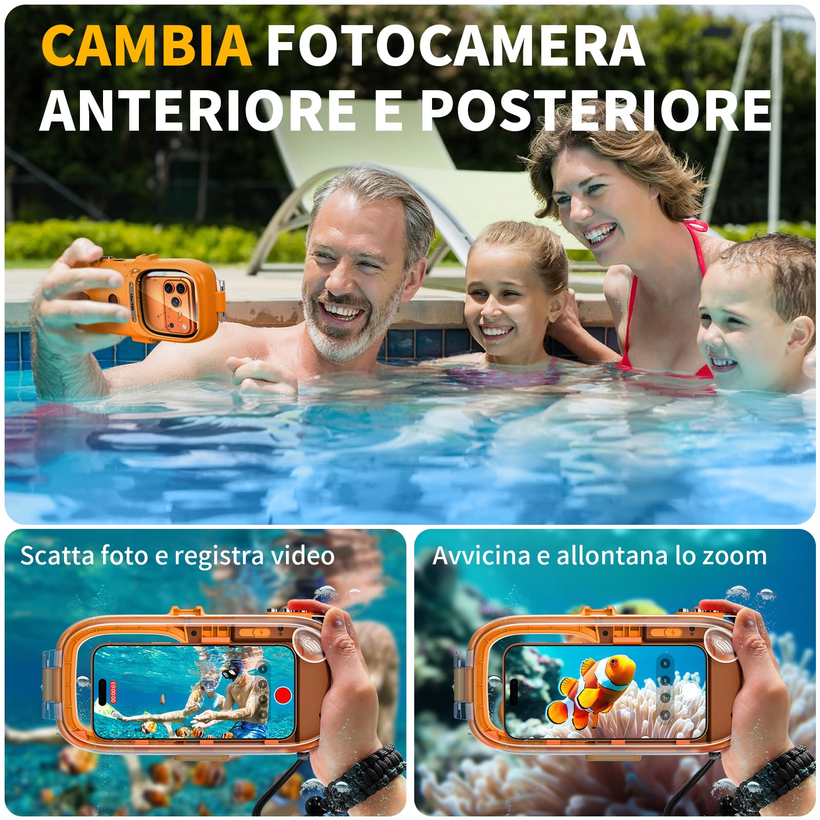 Lanhiem Custodia Impermeabile Professionale Subacquea IP68 15M - Per Telefoni iPhone,Samsung,Huawei e Xiaomi (fino a 6,9") Controllo Fotografico Bluetooth per le Vostre Avventure,Arancione
