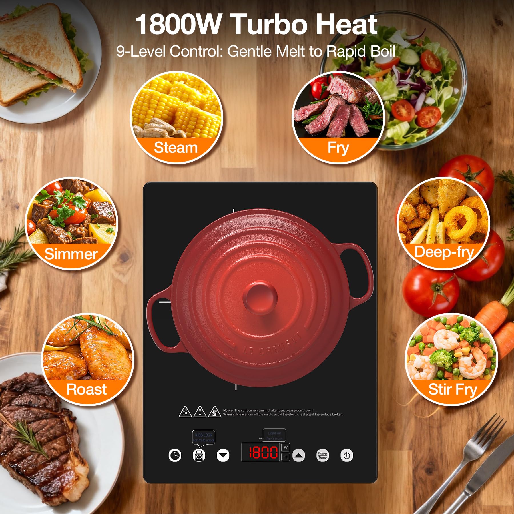 Portable Induction Cooktop 110v,1800W Countertop Single Burner Induction Hot Plate,ANHANE Electric Stove for Cooking,3-Hour Setting,Grey Crystal Glass Surface,Compatible with Magnetic Cookware view 3
