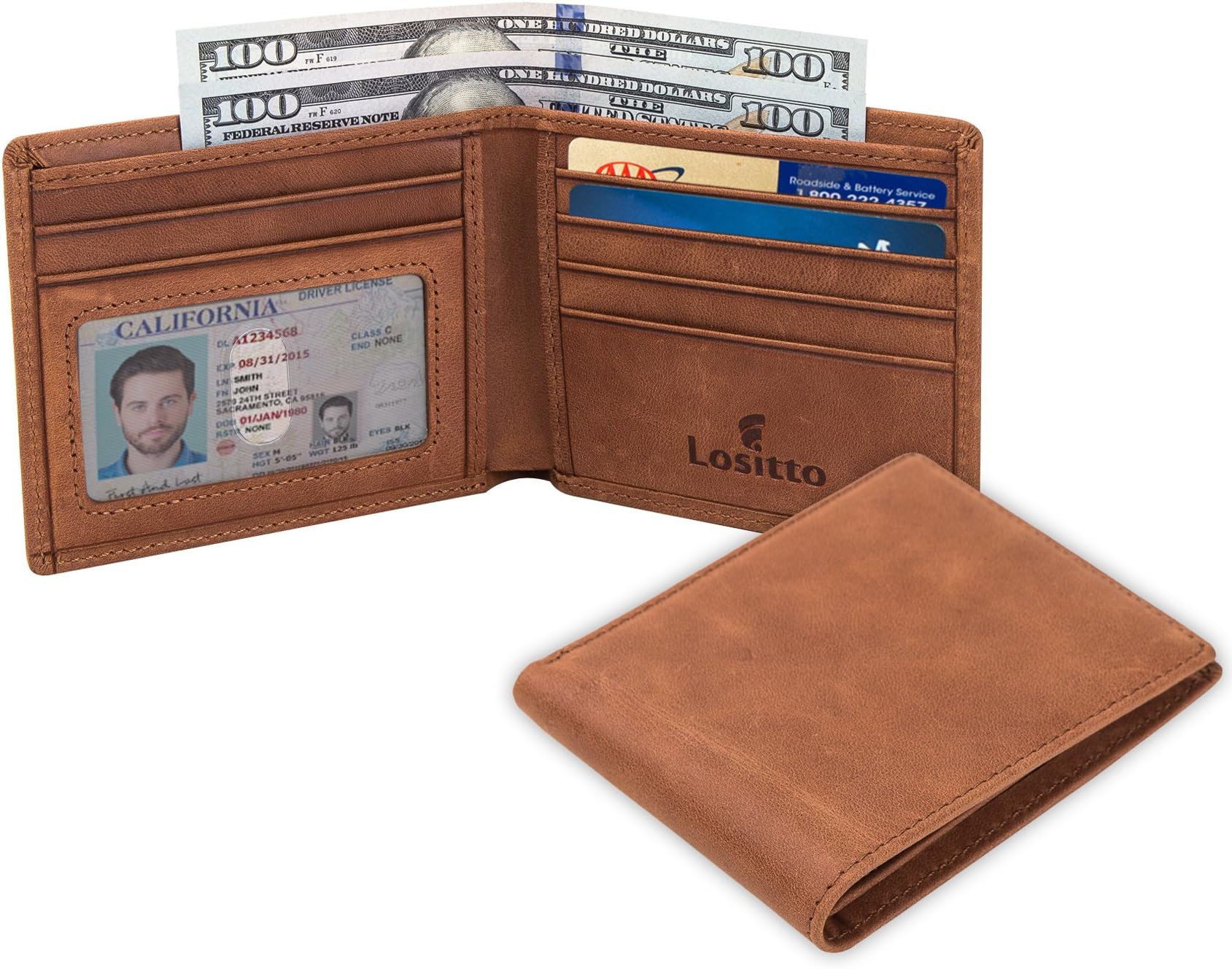 RFID Blocking Genuine Leather Wallet for Men-Excellent as Travel Bifold /Ultra Strong Stitching/Slim Billfold/Gift for Him (Desert brown-Crazy horse leather)