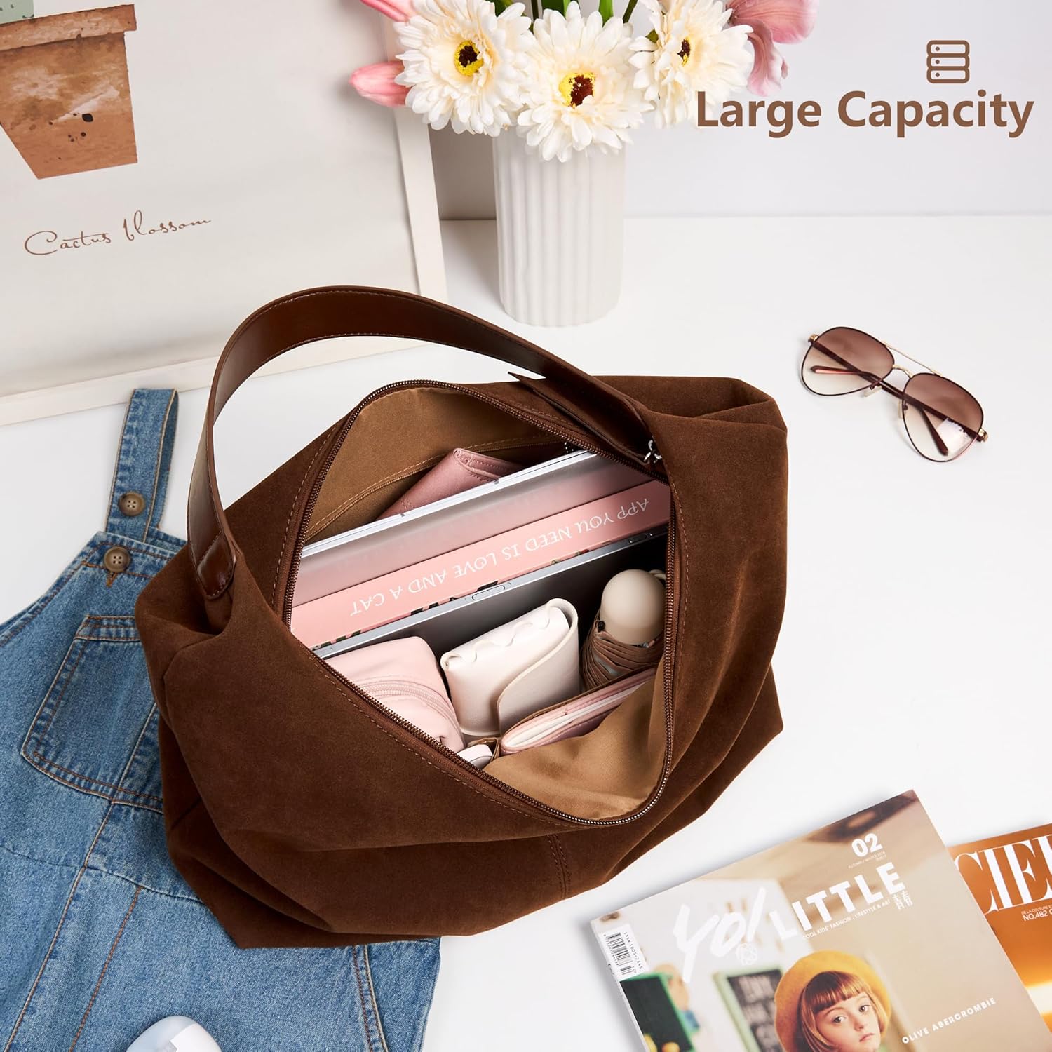 KALIDI Casual Tote Bag Vegan Leather Hobo Zipper Work Bag Weekender Shoulder for Women Shoulder Travel Purse
