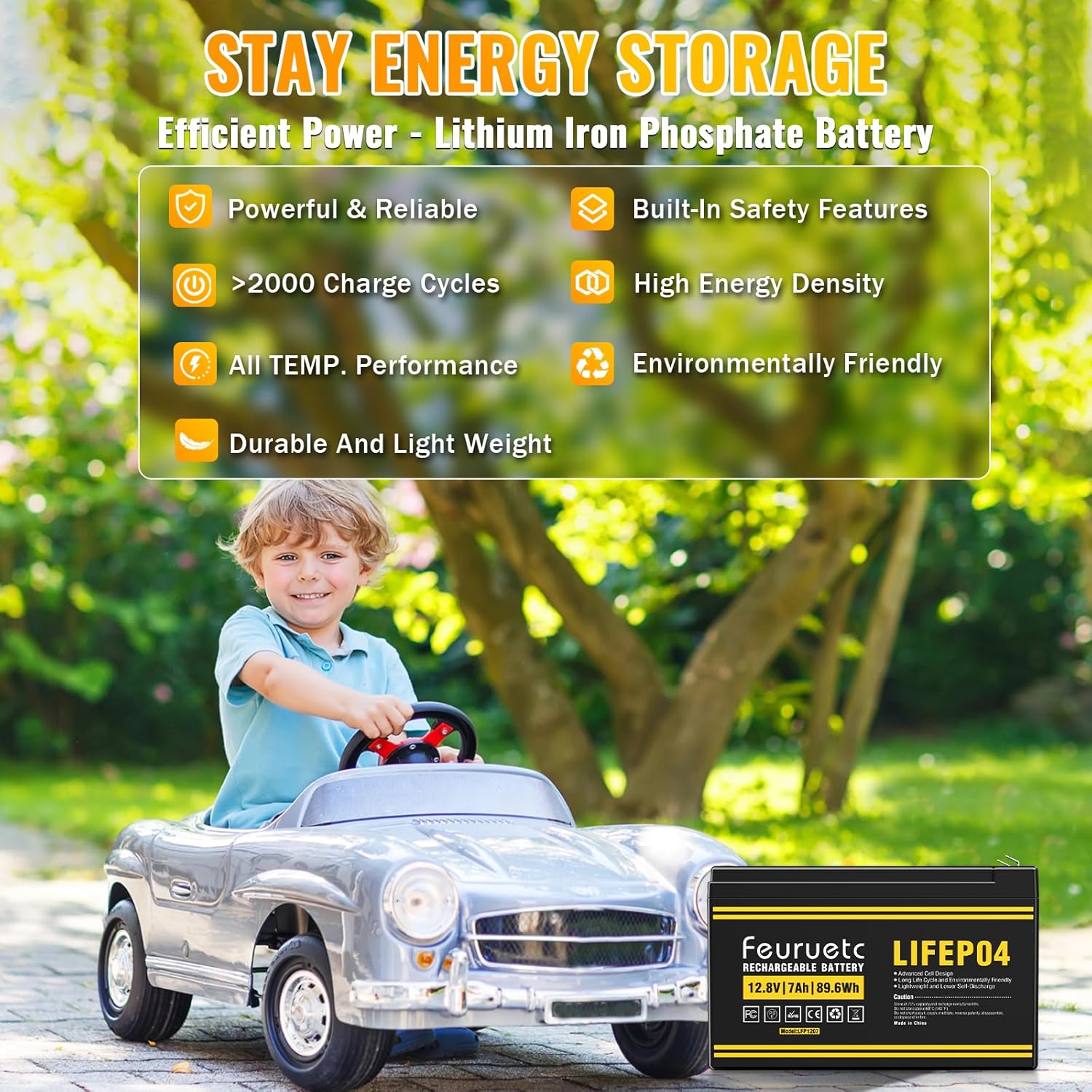 12V 7Ah Lithium LiFePO4 Battery - Direct Replacement for 6FM7 SLA Battery, 2000+ Cycles, Lightweight, Built-in BMS, Ideal for Solar Systems, Ride-on Toys, and Home Alarms - Image 3