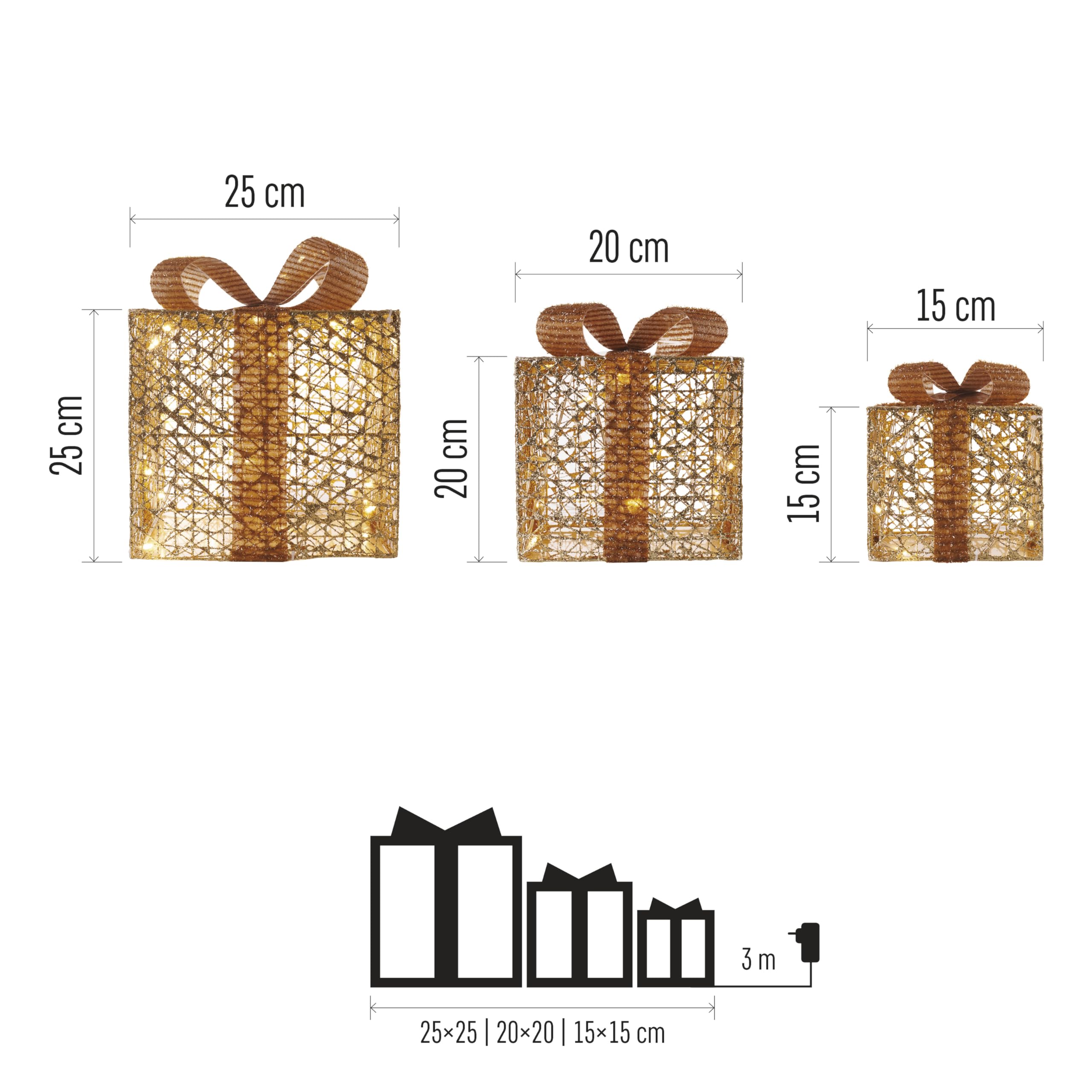 EMOS Goldene LED Weihnachtsgeschenke mit breitem Schleifenband und dekorativer Schleife, 3 Stk Weihnachtsdekoration, Warmweiß, 3m Kabel, IP20 für Innenbereich, Gold
