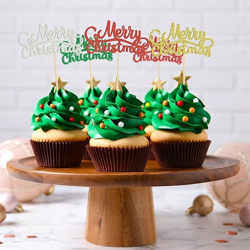 Miniatura 4 de Gyufise Paquete de 24 adornos para cupcakes de Navidad con bastón de árbol de Navidad, ciervos, purpurina, decoraciones para Navidad, Año Nuevo,
