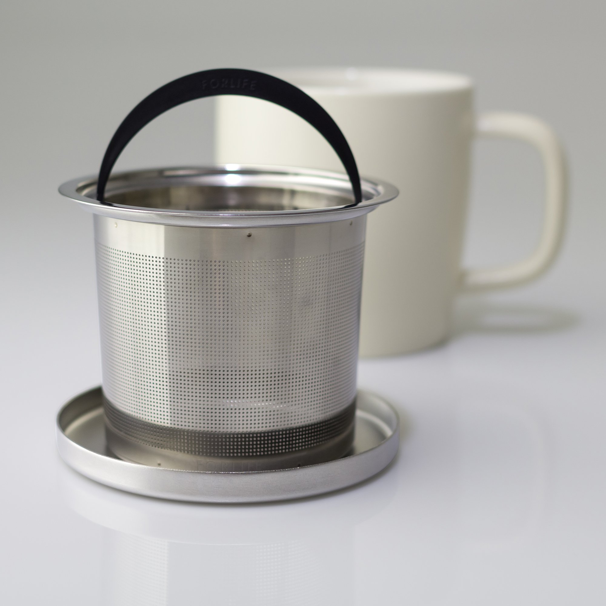 FORLIFE Dew Taza de café con acabado satinado con infusor de cesta y tapa de acero inoxidable, 11 onzas