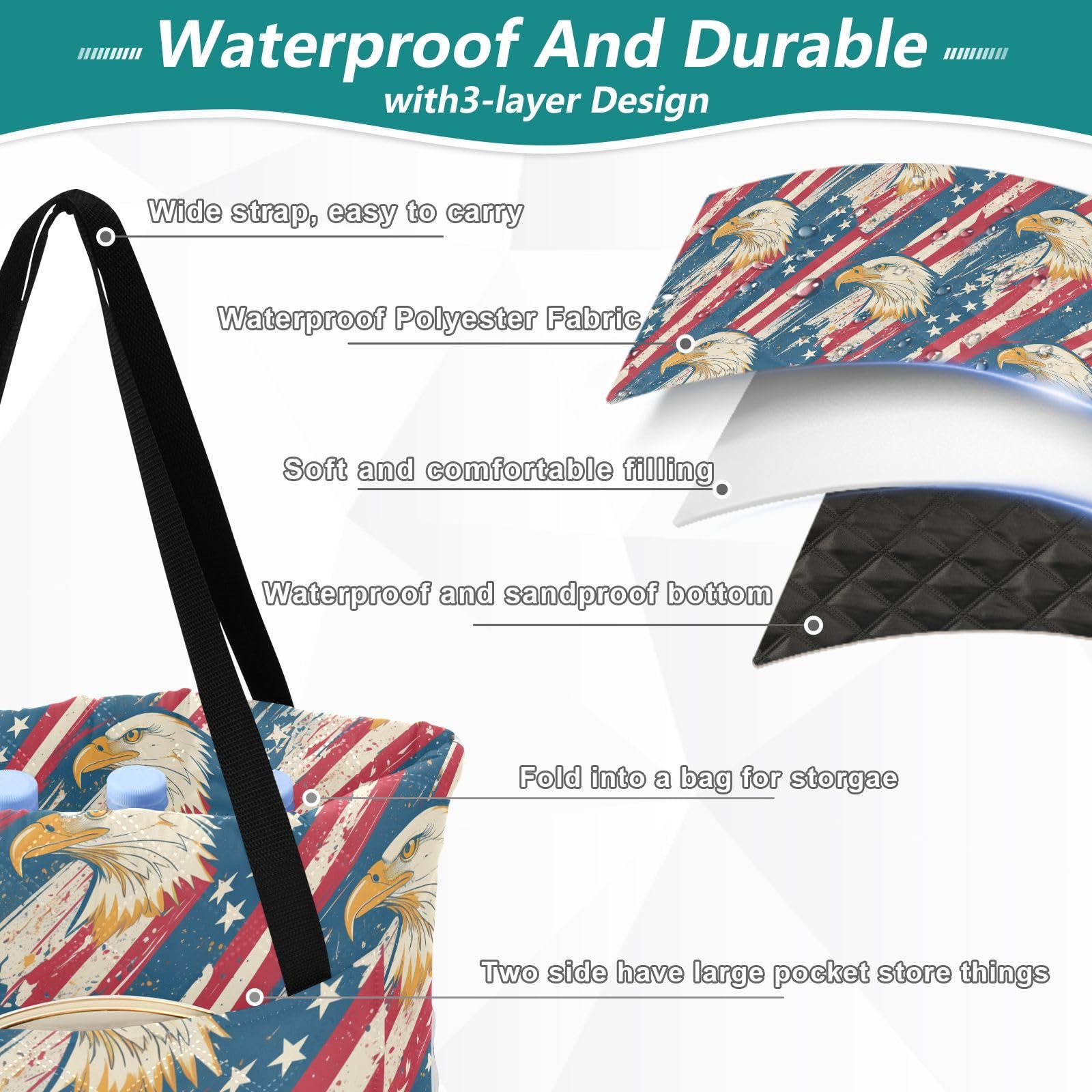 Lake Day Essentials wodoodporny koc koncertowy do pomieszczeń dla dzieci artykuły piknikowe amerykańska flaga dziki ptak Manta para parque
