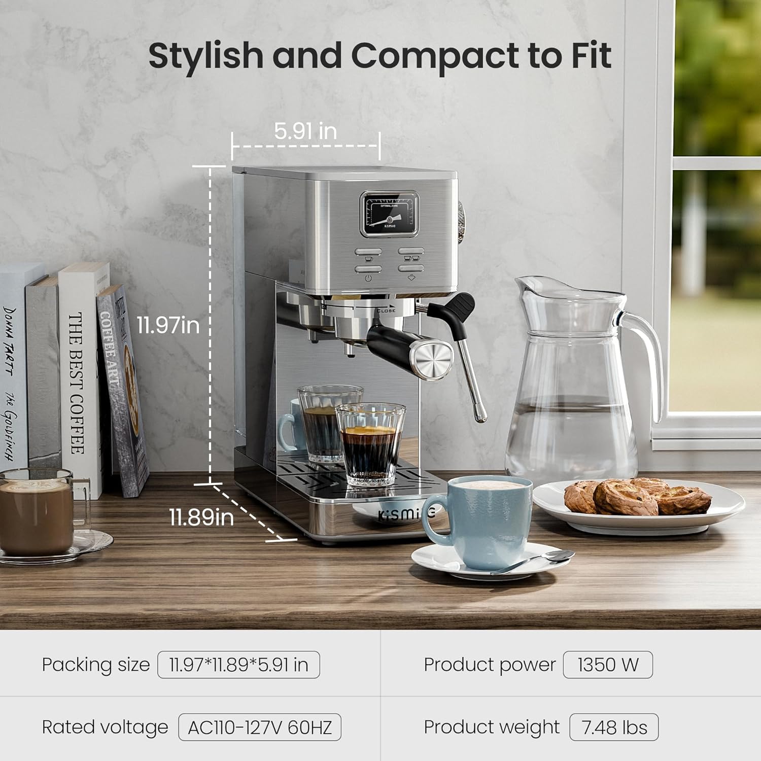 Kismile Espresso Machines with Milk Frother, Professional Espresso Coffee Machines with Removable Water Tank, Cappuccino & Latte Machine with Steam Frother for Home(Stainless Steel)