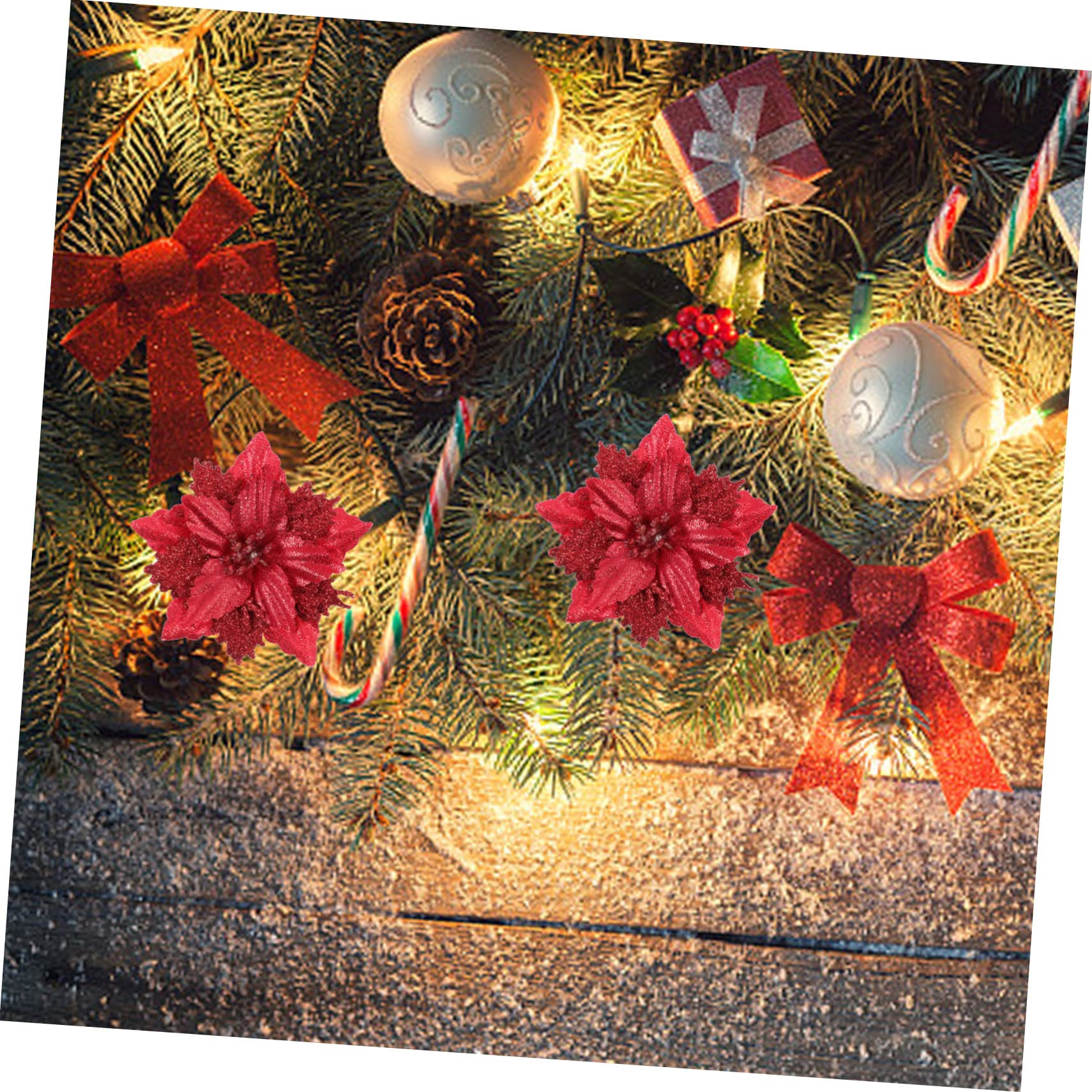 OUNONA 24piezas Flores Artificiales para Decoración De Árbol De Navidad Adornos De Poinsettia Rojos para Fiestas y Celebraciones Accesorios Festivos para Crear Un Navideño Alegre