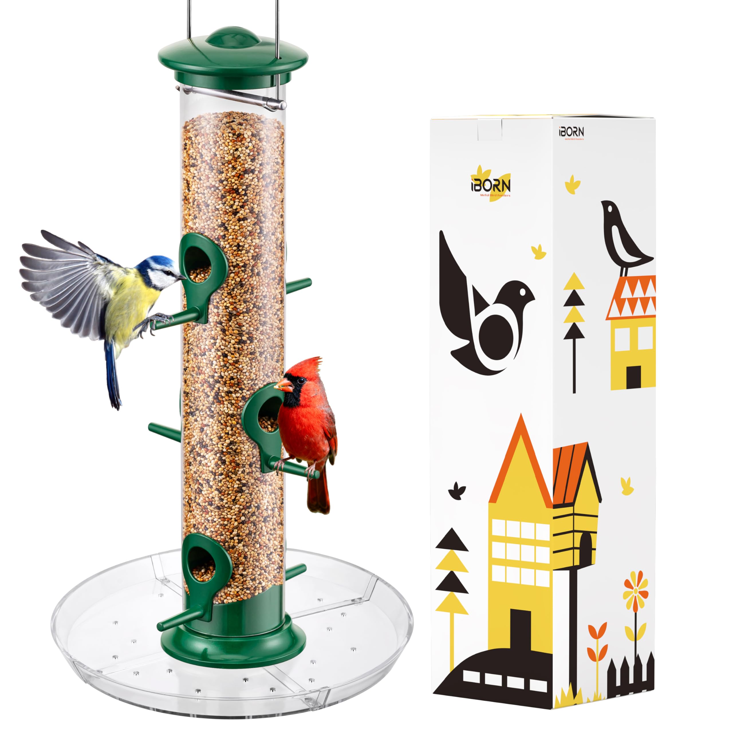 iBorn Bird Feeders Seed Catcher for Outside Hanging 6 Port Bird Feeder for Cardinal Birds Aluminium Metal,Brushed Nickle Finishing 14 Inch 6 Port (Seed is not Included) — view 9