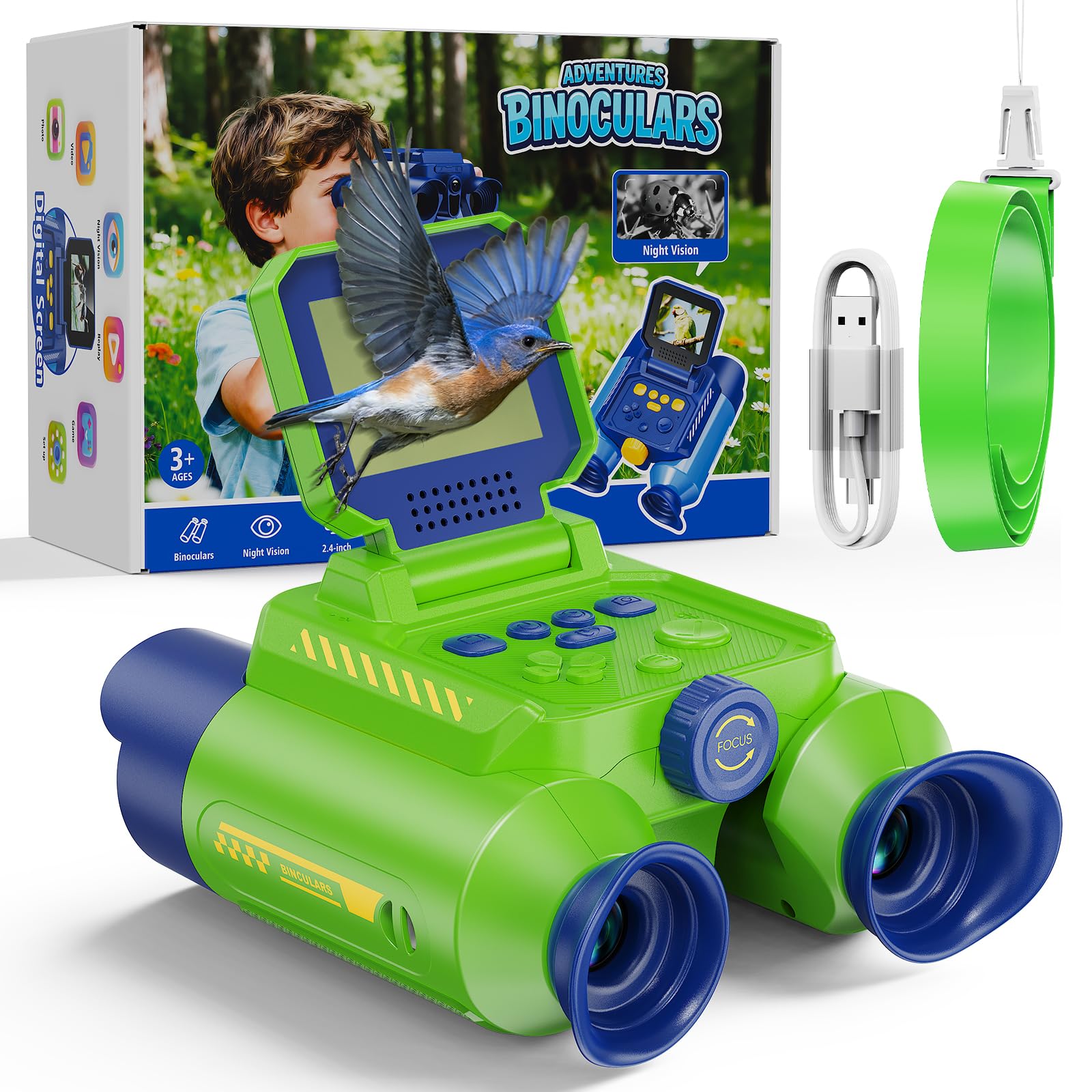 Binocolo Bambini con Fotocamera, Visione Notturna(Verde) | Binocolos Interattivo con Zoom Ottico 10x, Foto 48 MP e Video in 1080P, Esplorazione Natura regalo per bambini