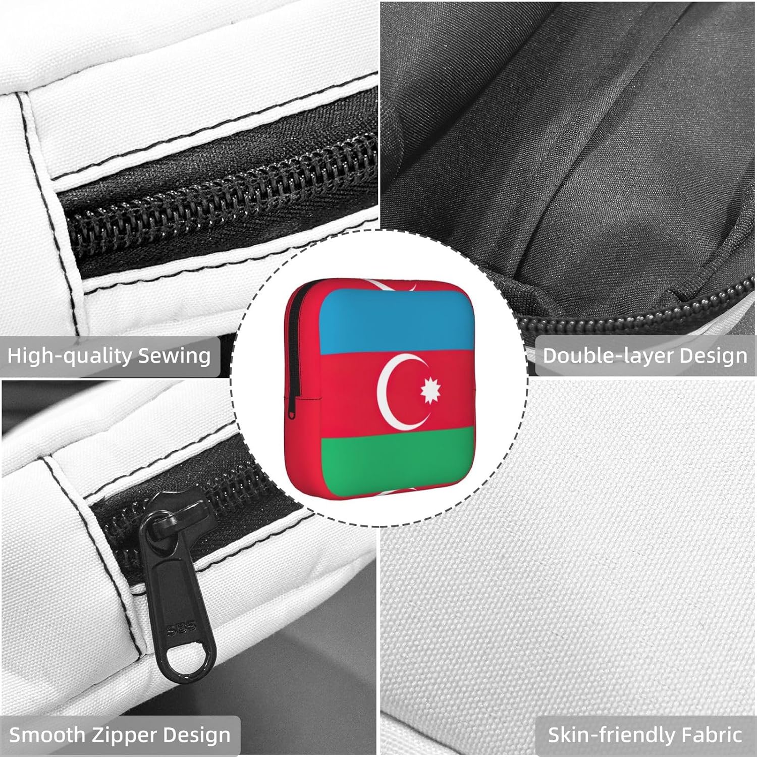Flag Of Azerbaijan Print Women Period Bag Sanitary Pouch Portable Pad Pouch Tampon Holder Small Zipper Pouch Storage Bag