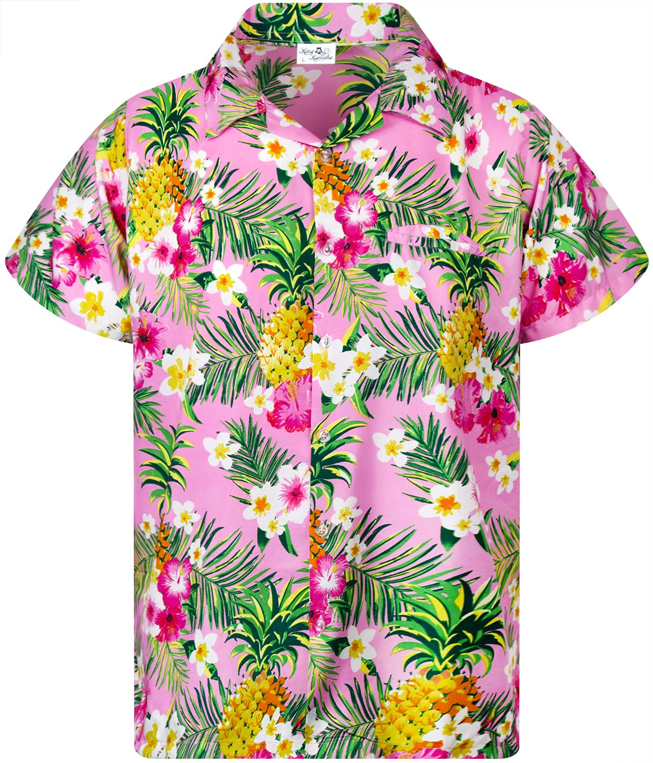 King Kameha Funky Hawaiian Shirt for Men – Tropical Men’s Hawaiian Shirt Short Sleeve, Pineapple-Flowers, Light-Pink, 6XL