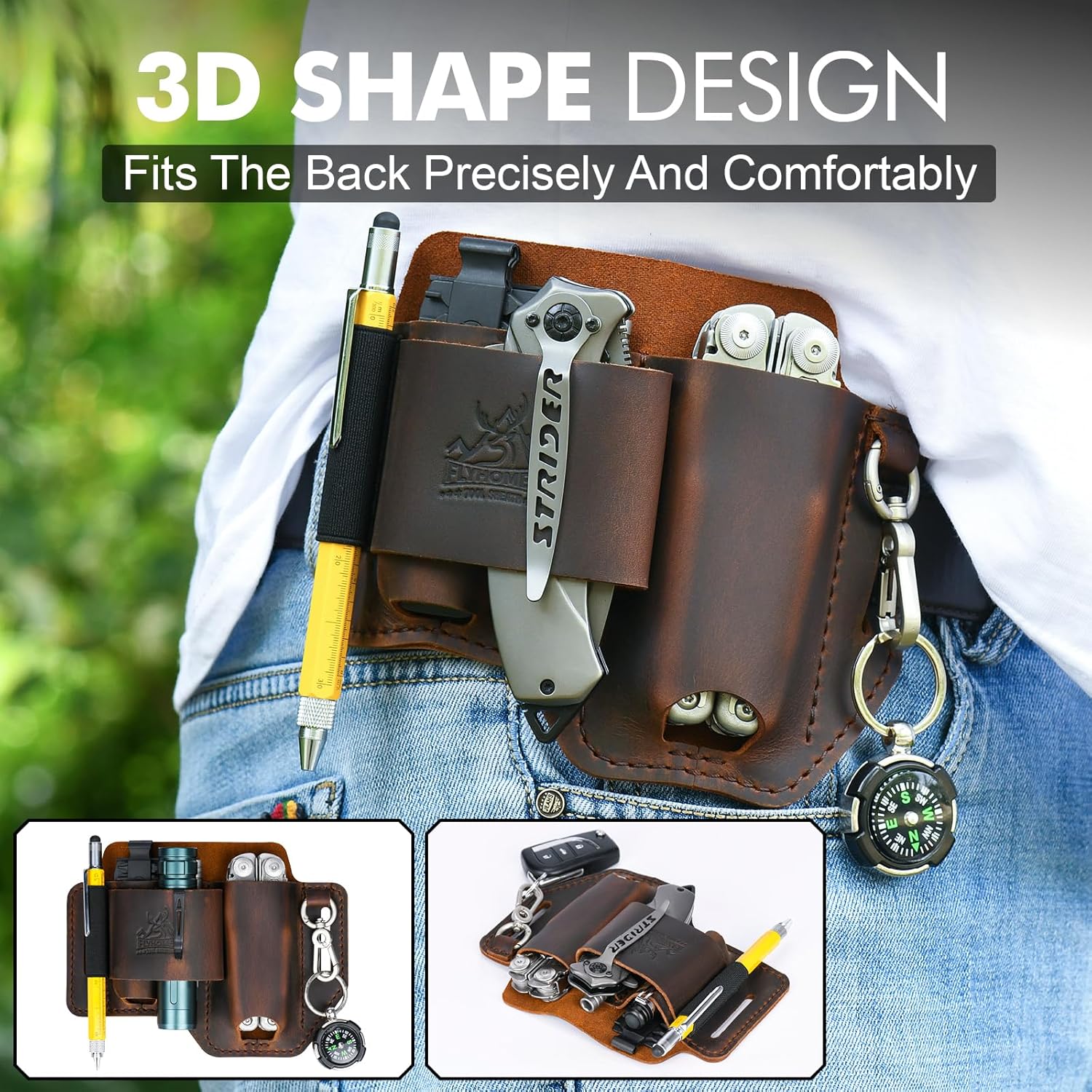 FLYHOMES Genuine Leather Multitool Sheath | Handmade Stitched Belt Organizer for Leatherman Surge | Holds Bit Kit & Extender | Flashlight Holster, Pen & EDC Tools Pouch | Dark Brown - Image 3