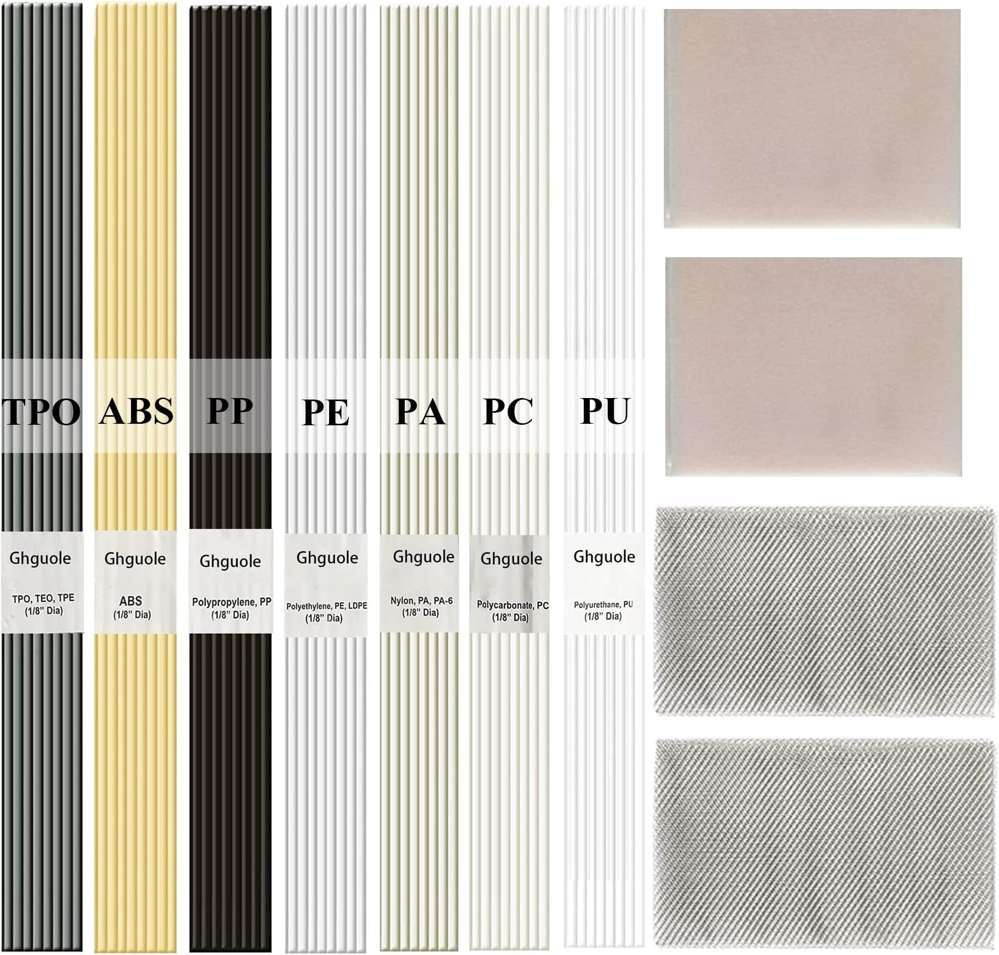 56Pcs Plastic Welding Rods,13 in 7Types(PP ABS PU PE TPO PA PC)of Welder Rods Strips Welding Sticks with Stainless Steel Mesh and Sandpaper for Plastic Welding Kit/Hot Air Gun and Daily Plastic Repair