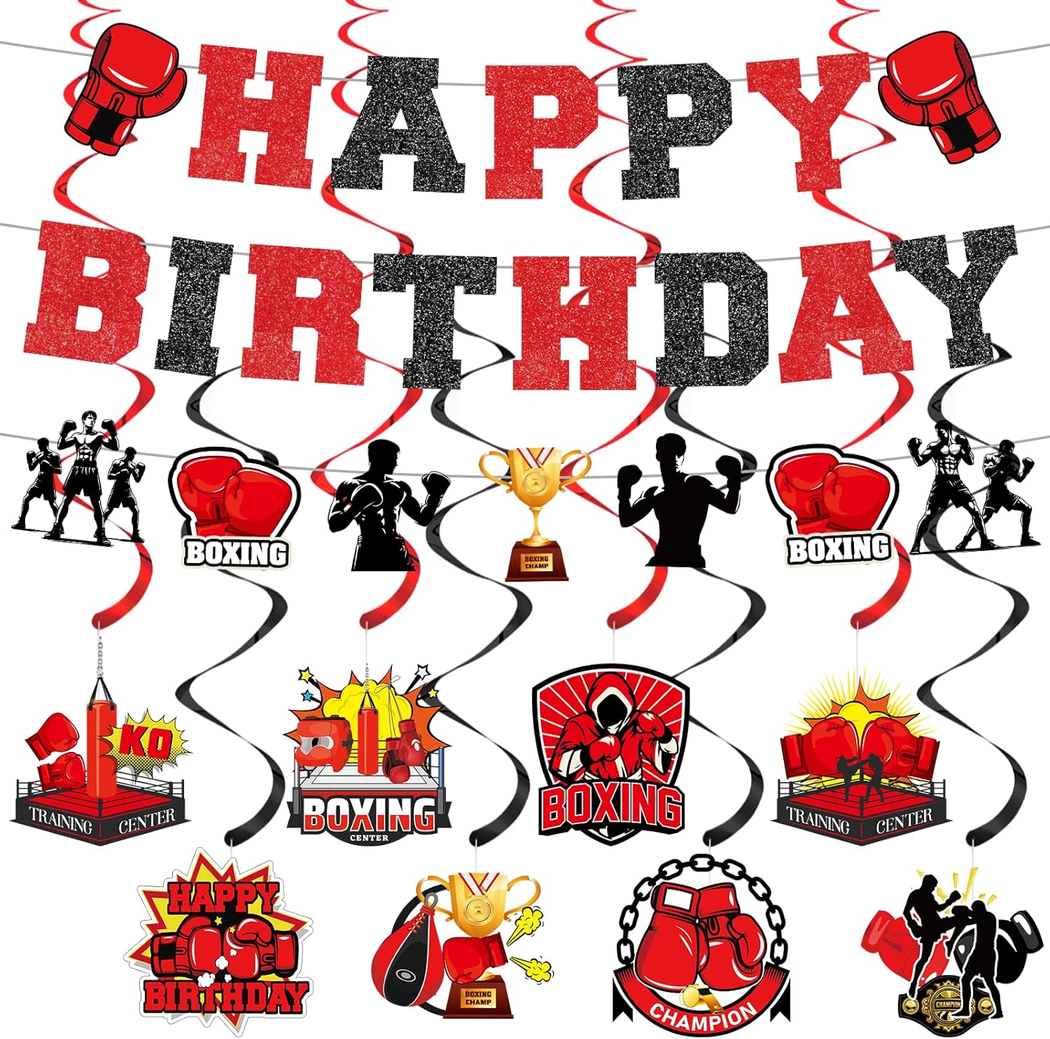 10Ps Boxing Birthday Party Decorations - Boxing Match Happy Birthday Banner Kit with Hanging Swirls Wrestling Fight Sports Party Decor for Kids Adults Boxer Bday Party Supplies